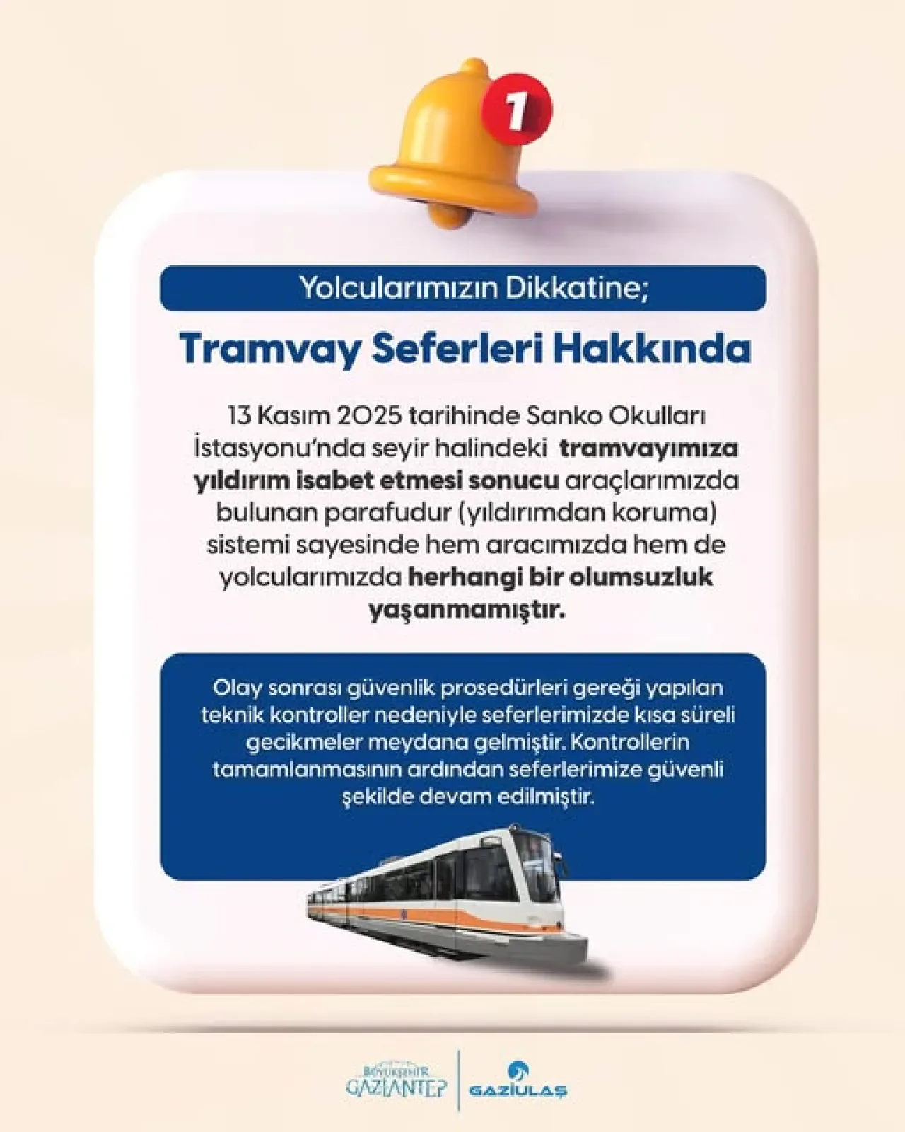 Gaziantep'te Tramvaya Yıldırım Düştü Gaziantep'te Tramvaya Yıldırım Düştü