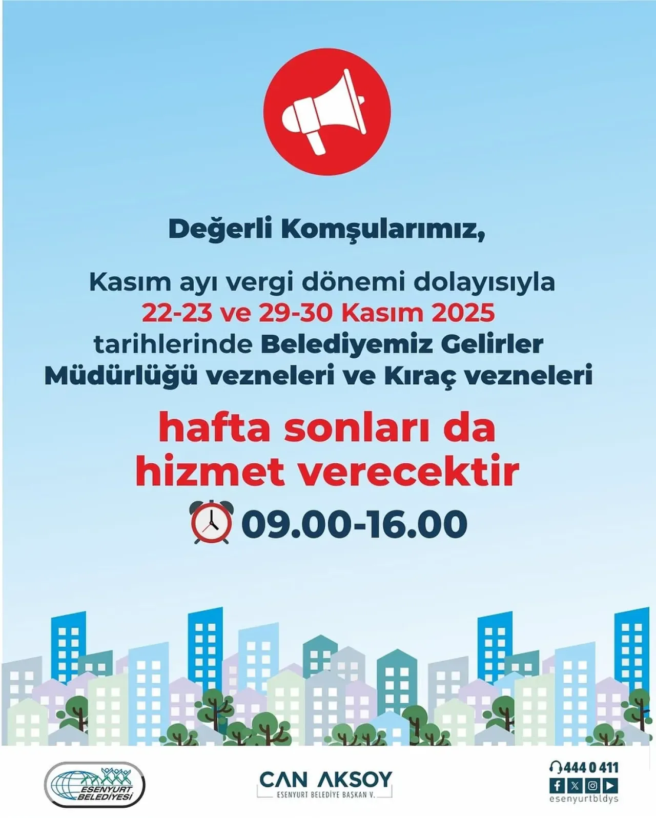 Esenyurt Belediyesi, Kasım Ayı Vergi Ödemeleri İçin Hafta Sonu Hizmeti Verecek Esenyurt Belediyesi, Kasım Ayı Vergi Ödemeleri İçin Hafta Sonu Hizmeti Verecek