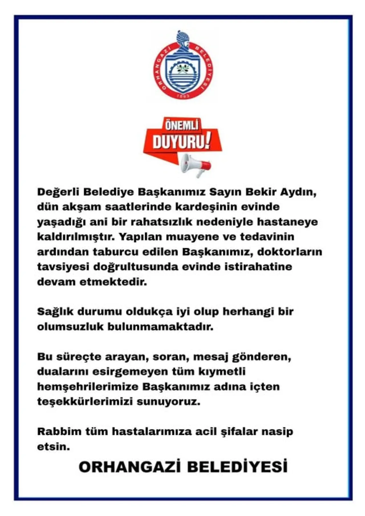 Orhangazi Belediye Başkanı Bekir Aydın Sağlık Durumu Hakkında Açıklama Orhangazi Belediye Başkanı Bekir Aydın Sağlık Durumu Hakkında Açıklama