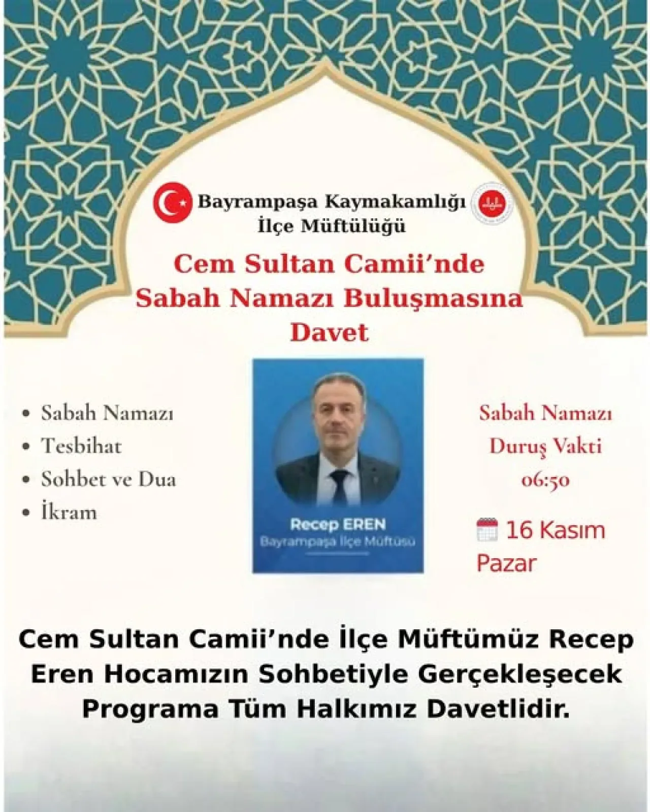 Cem Sultan Camii'nde Sabah Namazı Buluşması ve Sohbet Programı Cem Sultan Camii'nde Sabah Namazı Buluşması ve Sohbet Programı