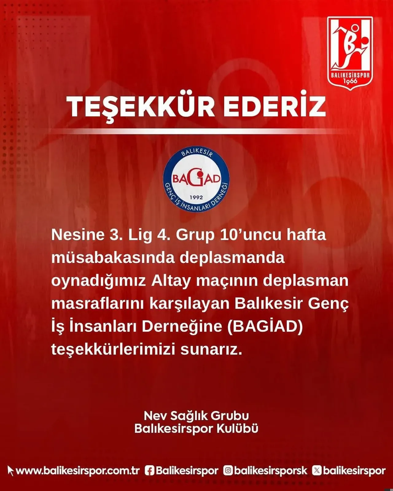 Balıkesirspor'dan BAGİAD'a Teşekkür Mesajı Balıkesirspor'dan BAGİAD'a Teşekkür Mesajı