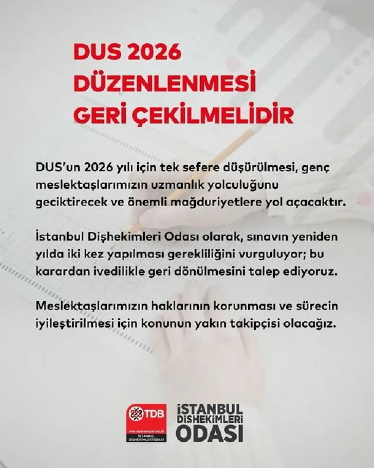 İstanbul Dişhekimleri Odası'ndan DUS 2026 Tepkisi: Sınav Tek Sefere Düşürülmemeli İstanbul Dişhekimleri Odası'ndan DUS 2026 Tepkisi: Sınav Tek Sefere Düşürülmemeli