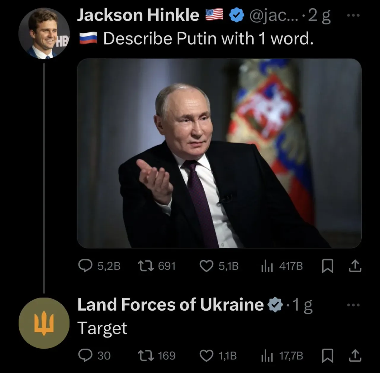 Ukrayna Kara Kuvvetleri'nden Jackson Hinkle'in Putin Paylaşımına Sert Cevap Ukrayna Kara Kuvvetleri'nden Jackson Hinkle'in Putin Paylaşımına Sert Cevap