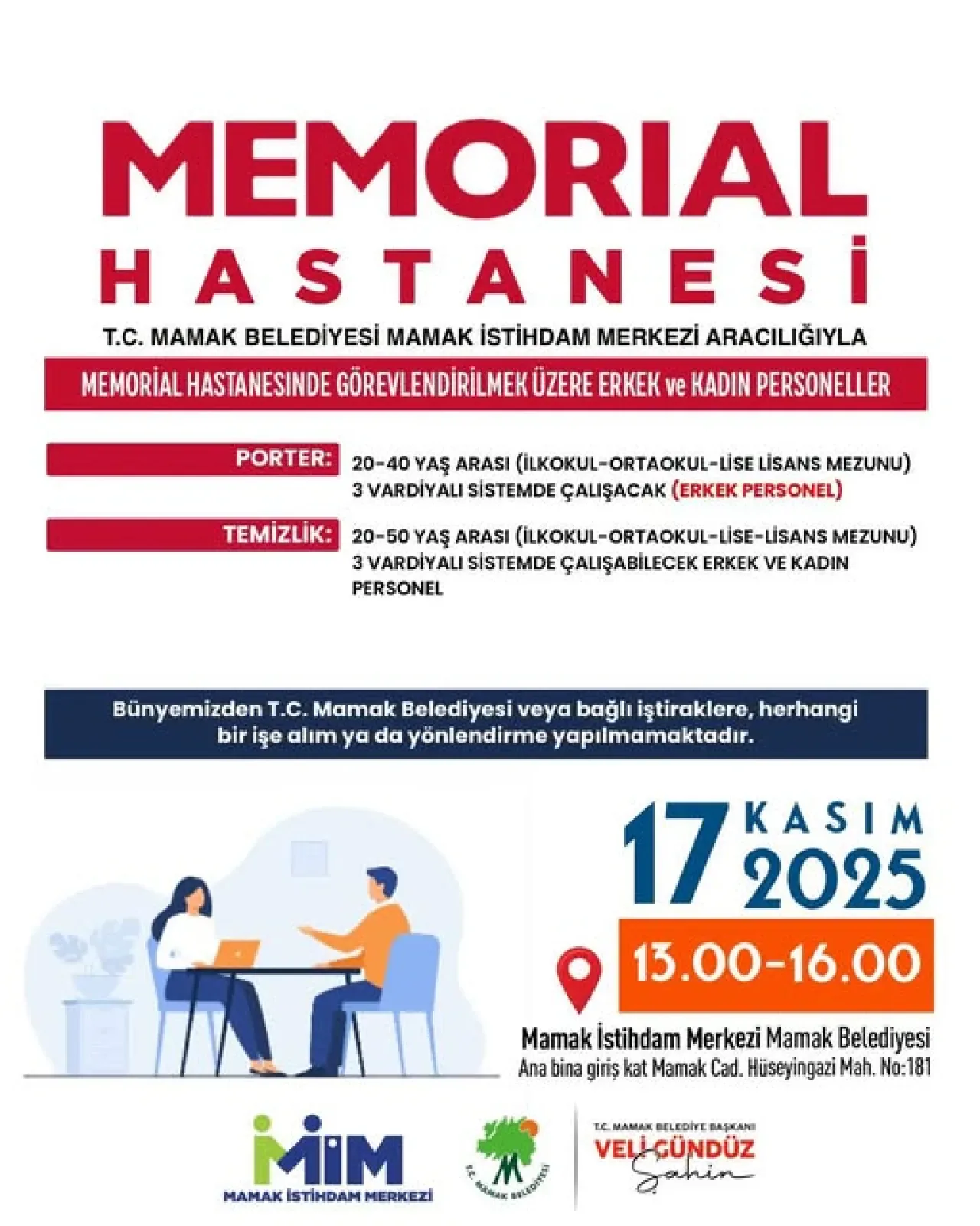 Mamak Belediyesi Memorial Hastanesi İçin Personel Alacak Mamak Belediyesi Memorial Hastanesi İçin Personel Alacak