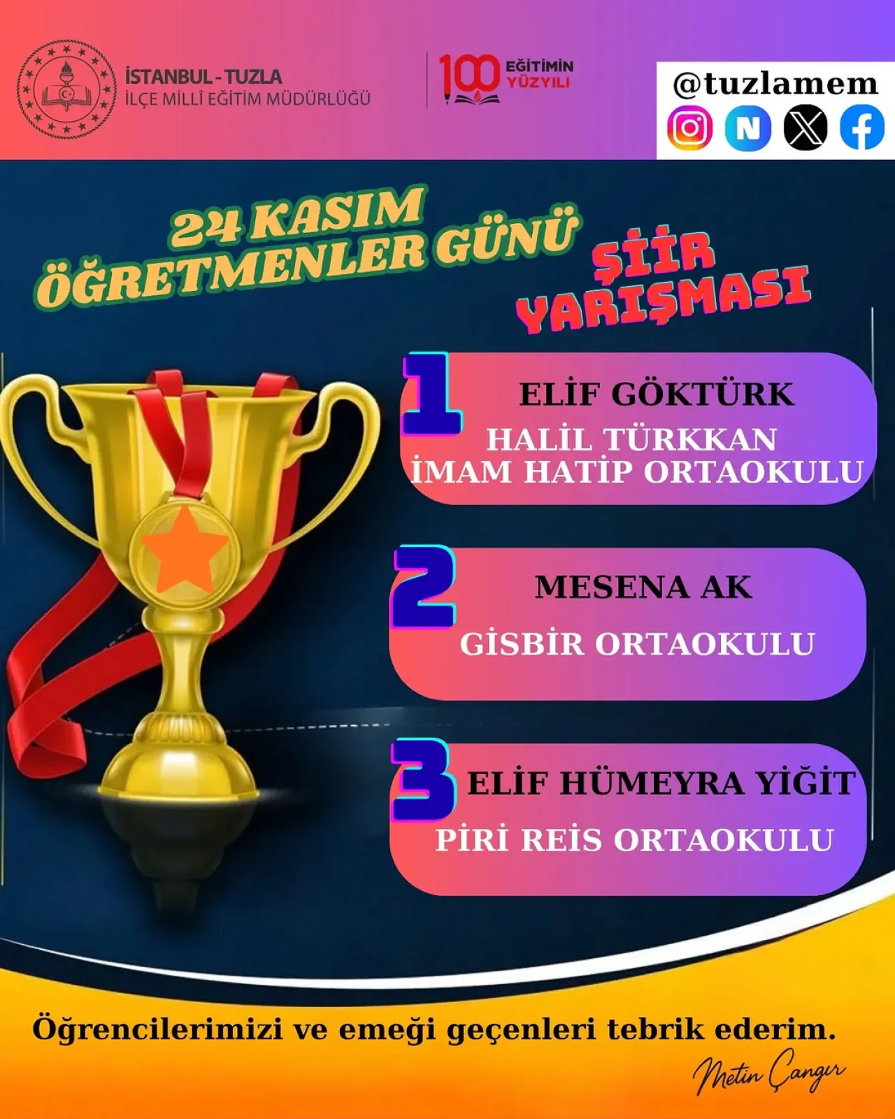 Tuzla'da Öğretmenler Günü Şiir Yarışması'nın Kazananları Belli Oldu Tuzla'da Öğretmenler Günü Şiir Yarışması'nın Kazananları Belli Oldu