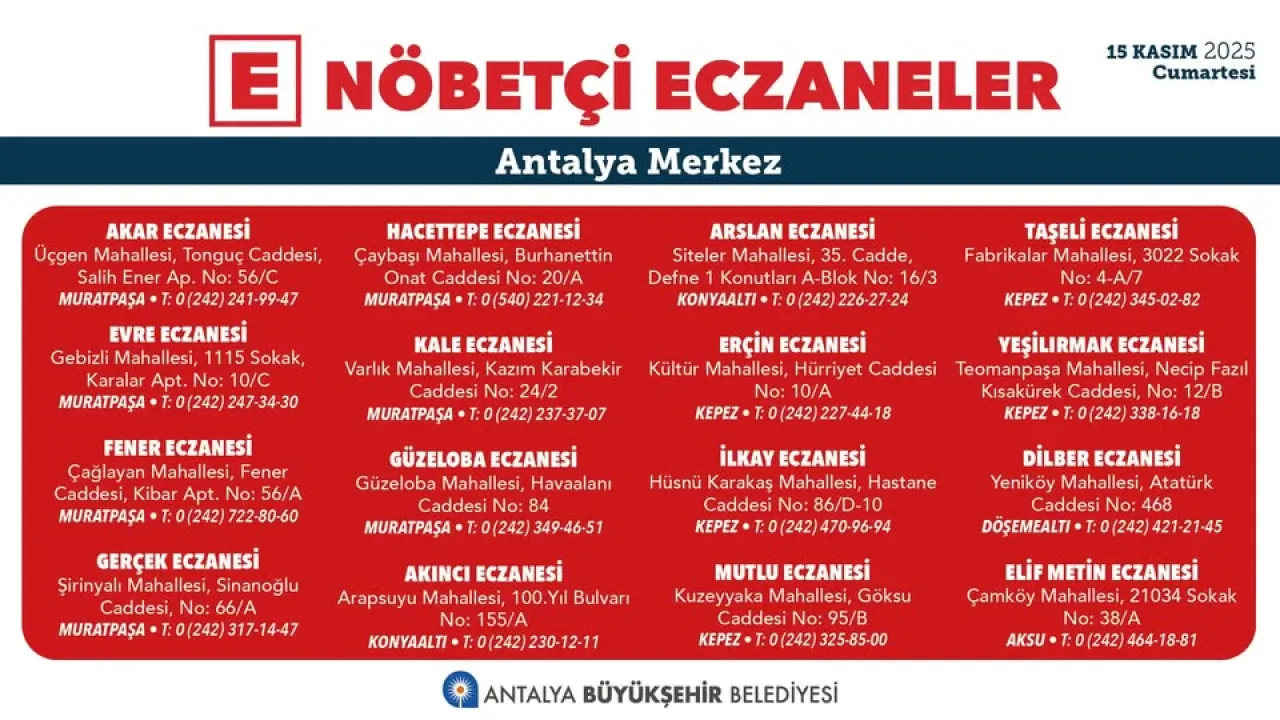 Antalya'da 15 Kasım 2025 Cumartesi Günü Nöbetçi Eczaneler Antalya'da 15 Kasım 2025 Cumartesi Günü Nöbetçi Eczaneler