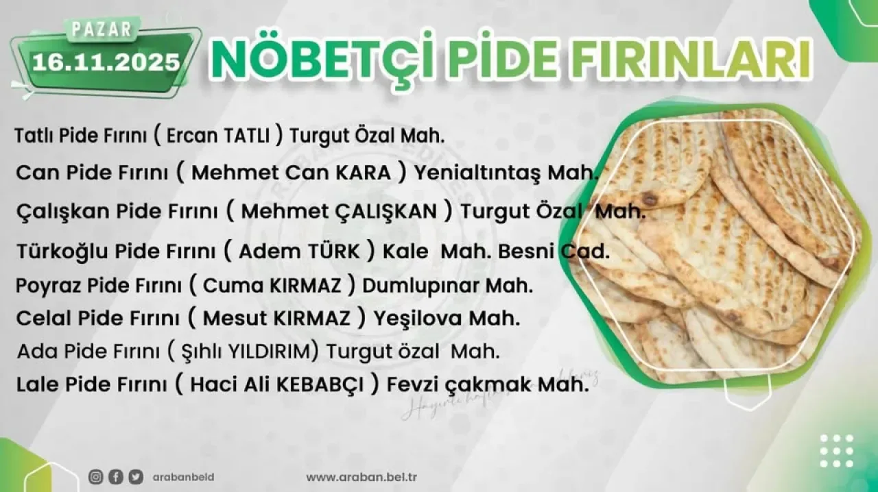 Araban'da Hafta Sonu Nöbetçi Pide Fırınları Açıklandı Araban'da Hafta Sonu Nöbetçi Pide Fırınları Açıklandı