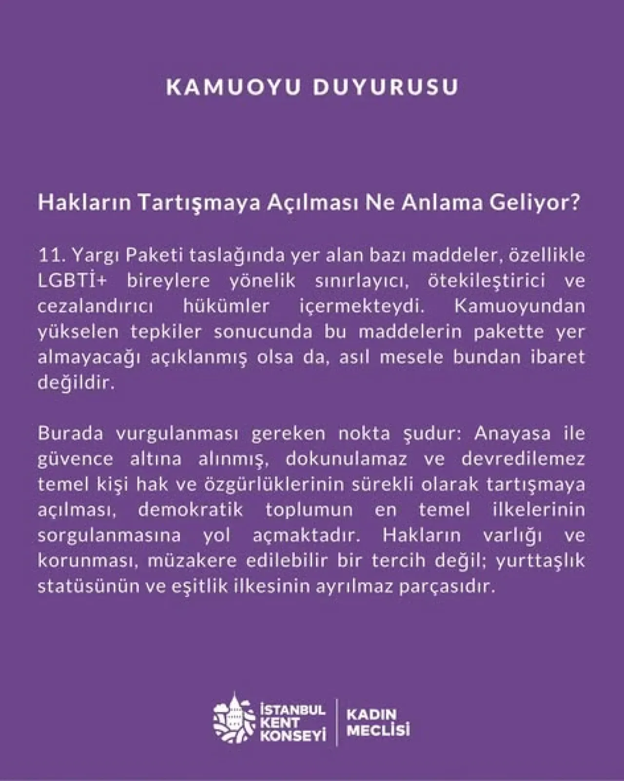 İstanbul Kent Konseyi'nden Yargı Paketi Açıklaması: Kadın ve Çocuk Hakları Pazarlık Konusu Olamaz İstanbul Kent Konseyi'nden Yargı Paketi Açıklaması: Kadın ve Çocuk Hakları Pazarlık Konusu Olamaz