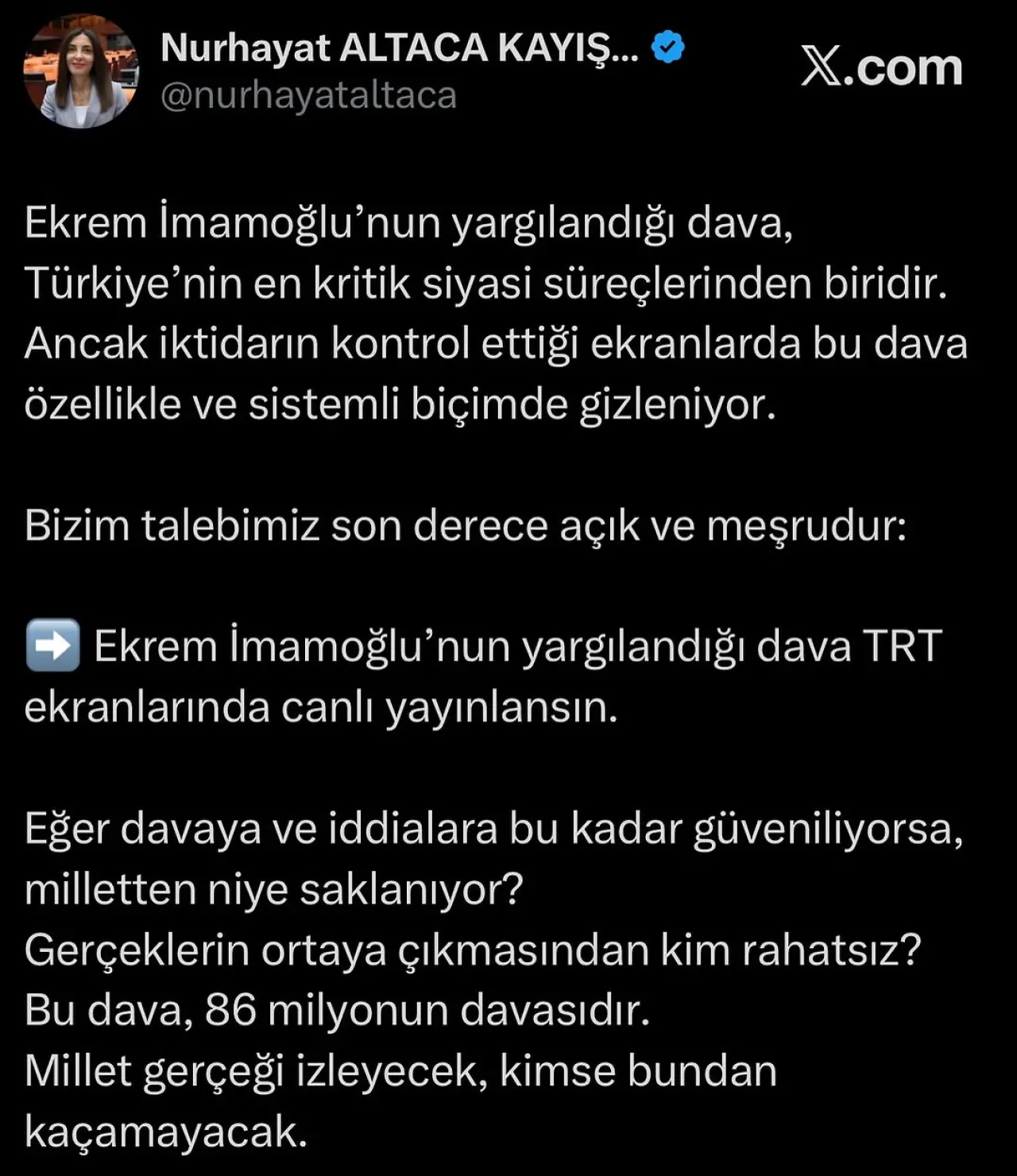 CHP'li Altaca Kayışoğlu'ndan TRT'ye Canlı Yayın Çağrısı: İmamoğlu Davası Neden Gizleniyor? CHP'li Altaca Kayışoğlu'ndan TRT'ye Canlı Yayın Çağrısı: İmamoğlu Davası Neden Gizleniyor?