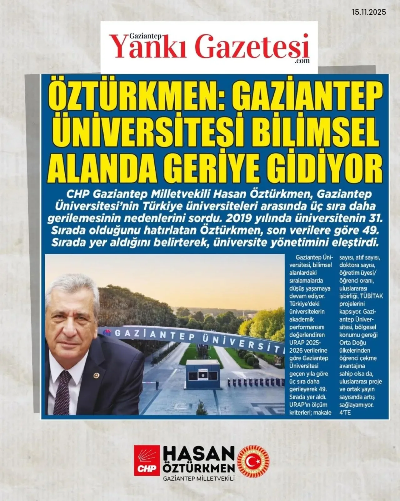 Gaziantep Üniversitesi, URAP Sıralamasında 3 Basamak Geriledi Gaziantep Üniversitesi, URAP Sıralamasında 3 Basamak Geriledi