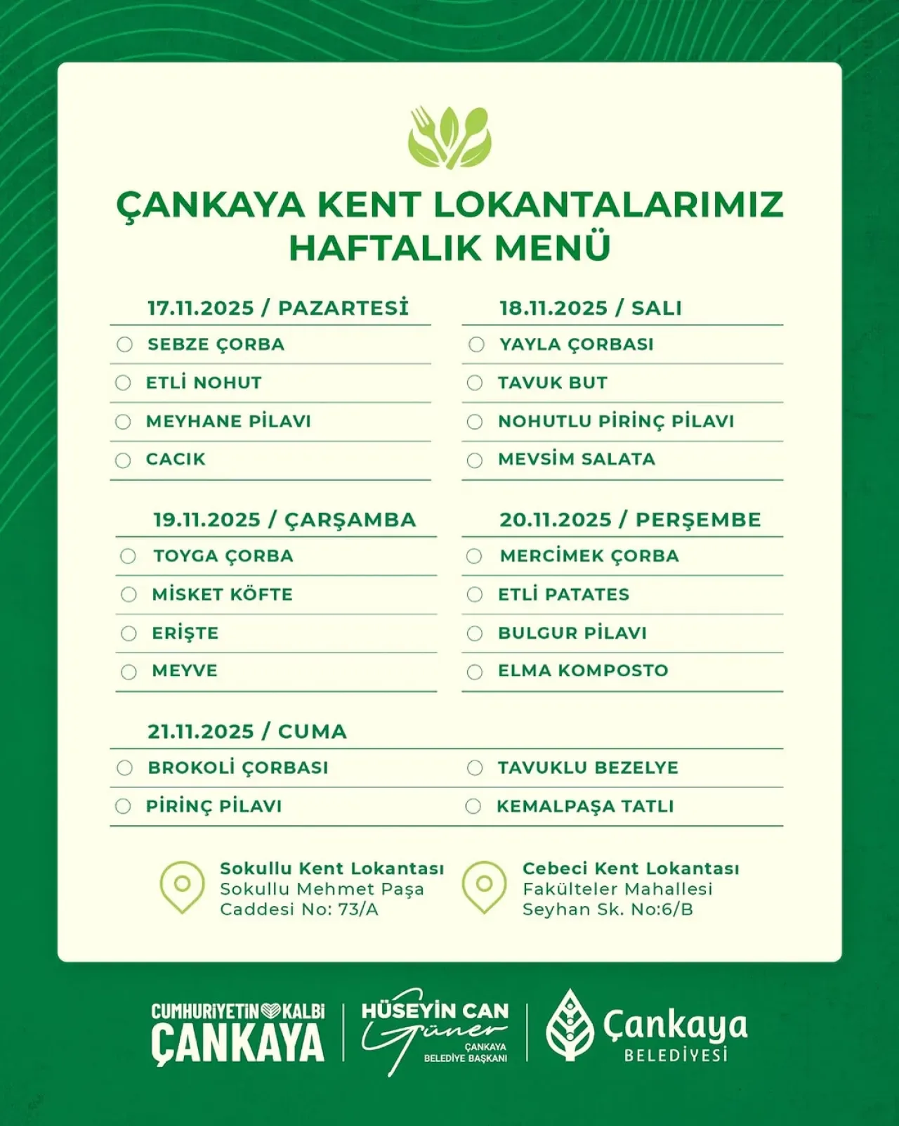 Çankaya Belediyesi, Kent Lokantalarında Haftalık Menü Hizmeti Veriyor Çankaya Belediyesi, Kent Lokantalarında Haftalık Menü Hizmeti Veriyor