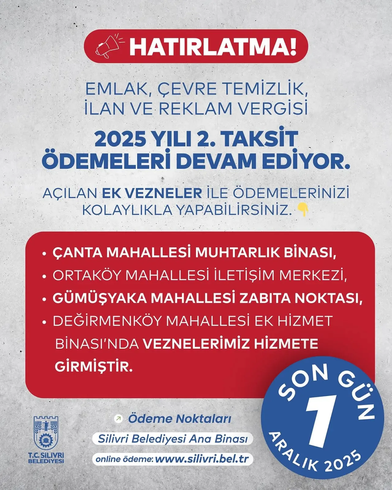 Silivri'de 2025 Yılı İkinci Taksit Ödemeleri İçin Son Tarih 1 Aralık Silivri'de 2025 Yılı İkinci Taksit Ödemeleri İçin Son Tarih 1 Aralık