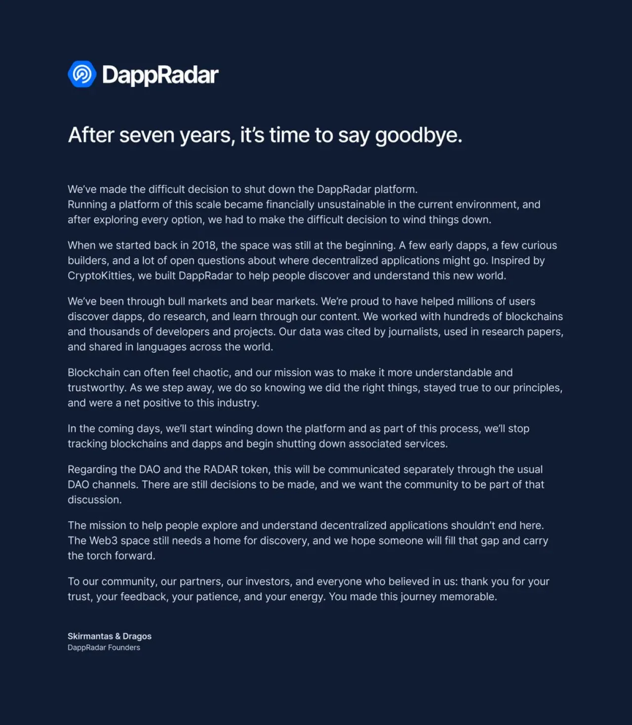 DappRadar Kapanıyor: 7 Yıllık DApp Keşif Platformu Faaliyetlerini Durduruyor DappRadar Kapanıyor: 7 Yıllık DApp Keşif Platformu Faaliyetlerini Durduruyor