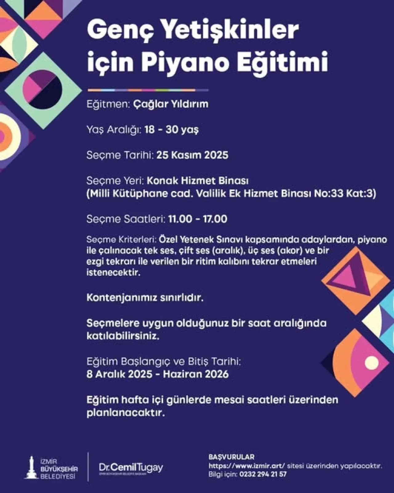 İzmir Büyükşehir Belediyesi'nden Genç Yetişkinlere Ücretsiz Piyano Eğitimi İzmir Büyükşehir Belediyesi'nden Genç Yetişkinlere Ücretsiz Piyano Eğitimi