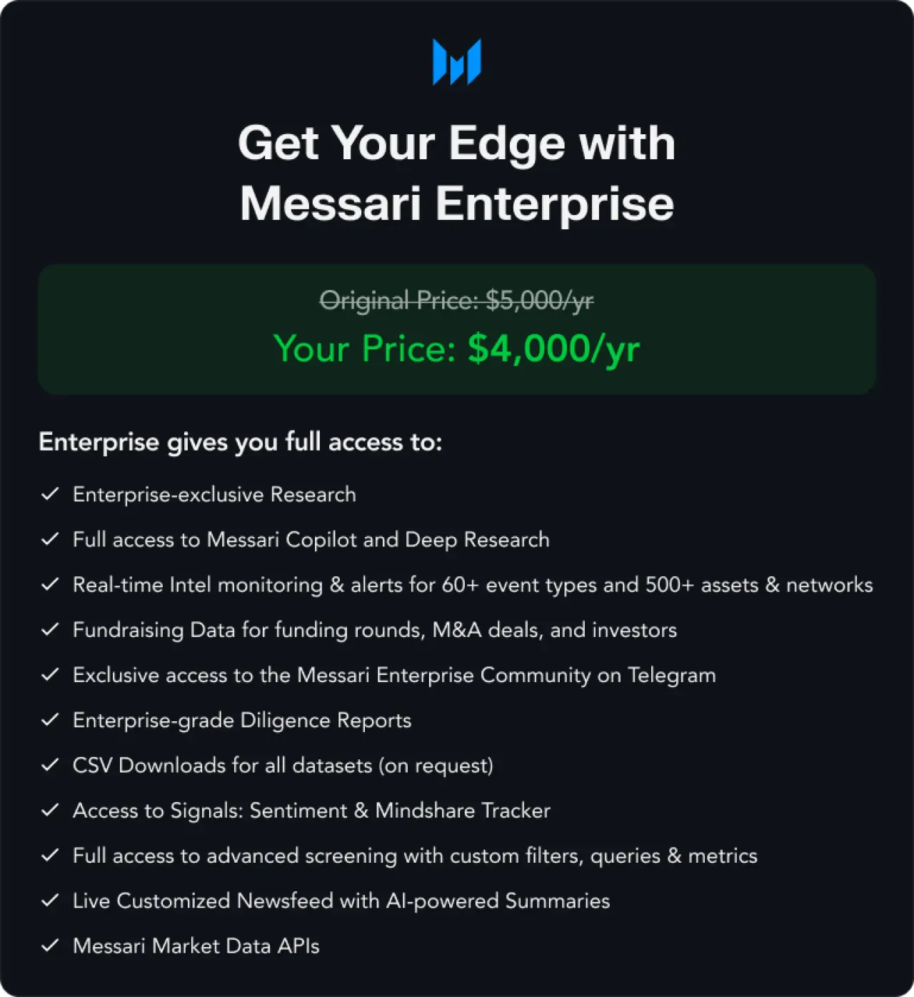 Messari Enterprise, Derin Kripto Araştırma ve Analiz Hizmetinde Sınırlı Süreli İndirim Duyurdu Messari Enterprise, Derin Kripto Araştırma ve Analiz Hizmetinde Sınırlı Süreli İndirim Duyurdu