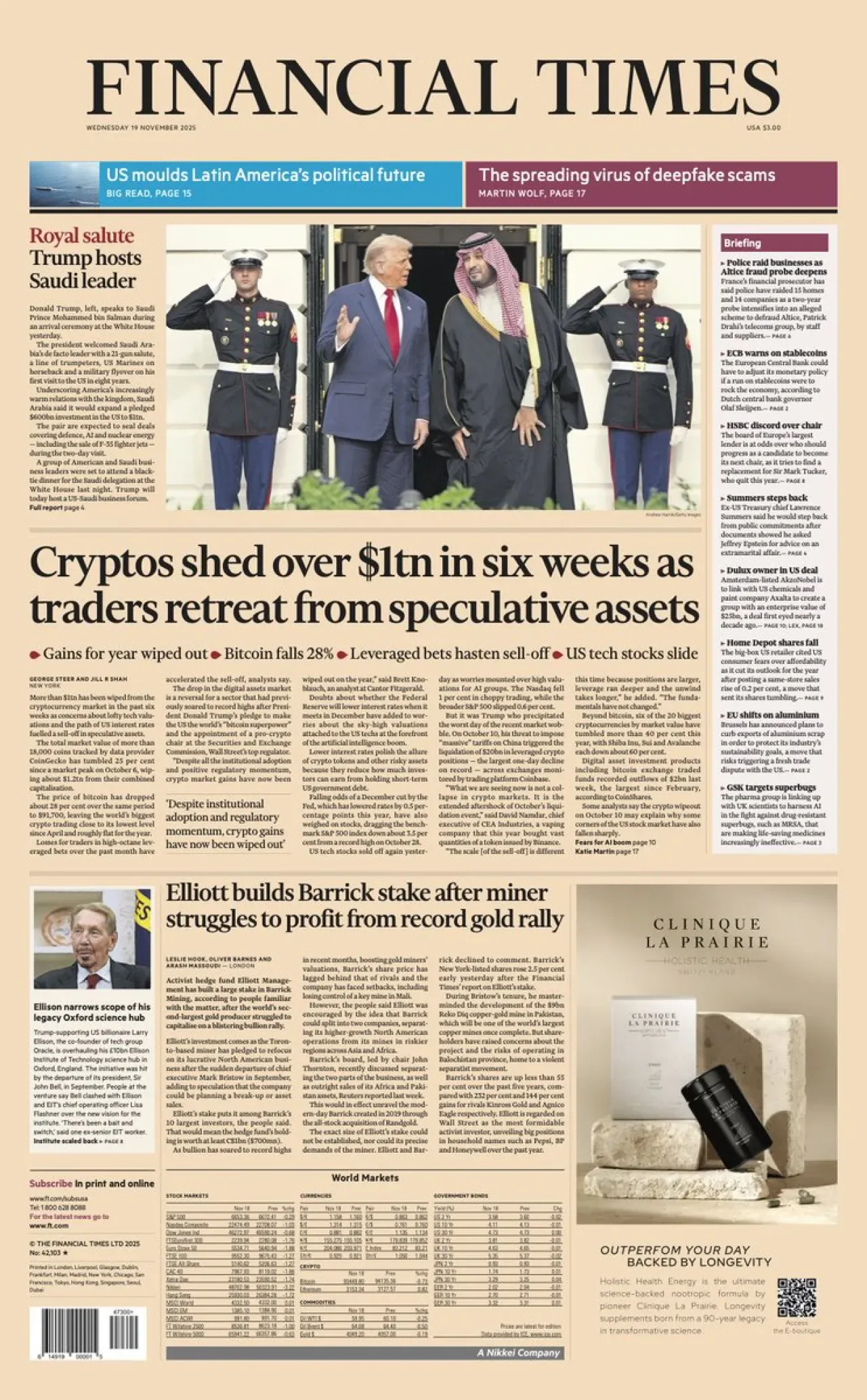 Financial Times, 19 Kasım Uluslararası Baskısının Ön Sayfasını Yayınladı Financial Times, 19 Kasım Uluslararası Baskısının Ön Sayfasını Yayınladı