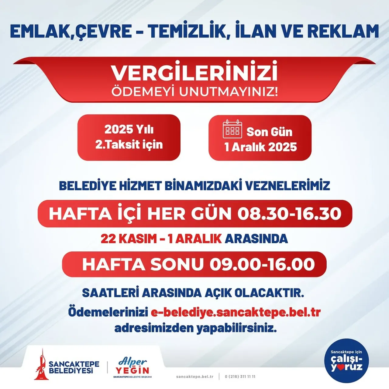 Sancaktepe'de 2025 Yılı İkinci Taksit Vergi Ödemeleri İçin Son Gün 1 Aralık Sancaktepe'de 2025 Yılı İkinci Taksit Vergi Ödemeleri İçin Son Gün 1 Aralık