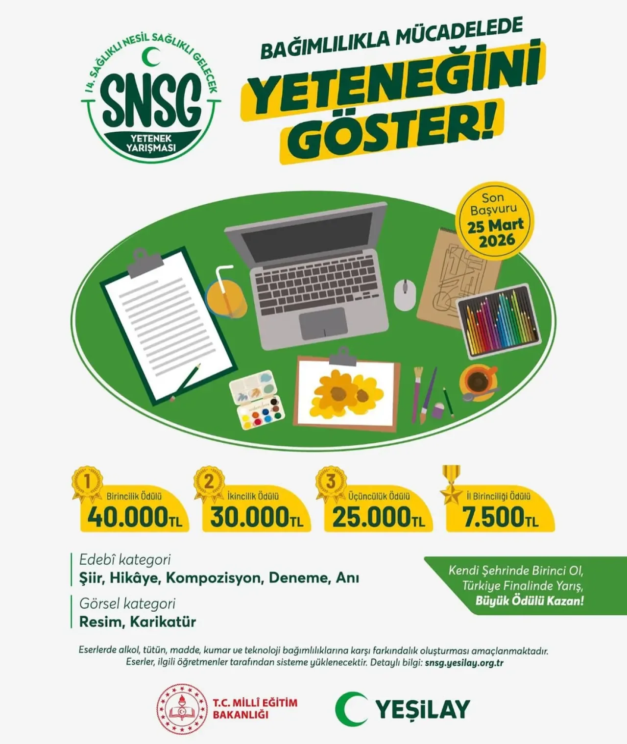 Yeşilay'dan Öğrencilere Bağımlılıkla Mücadele İçin Sanat Yarışması: Başvurular Başladı Yeşilay'dan Öğrencilere Bağımlılıkla Mücadele İçin Sanat Yarışması: Başvurular Başladı