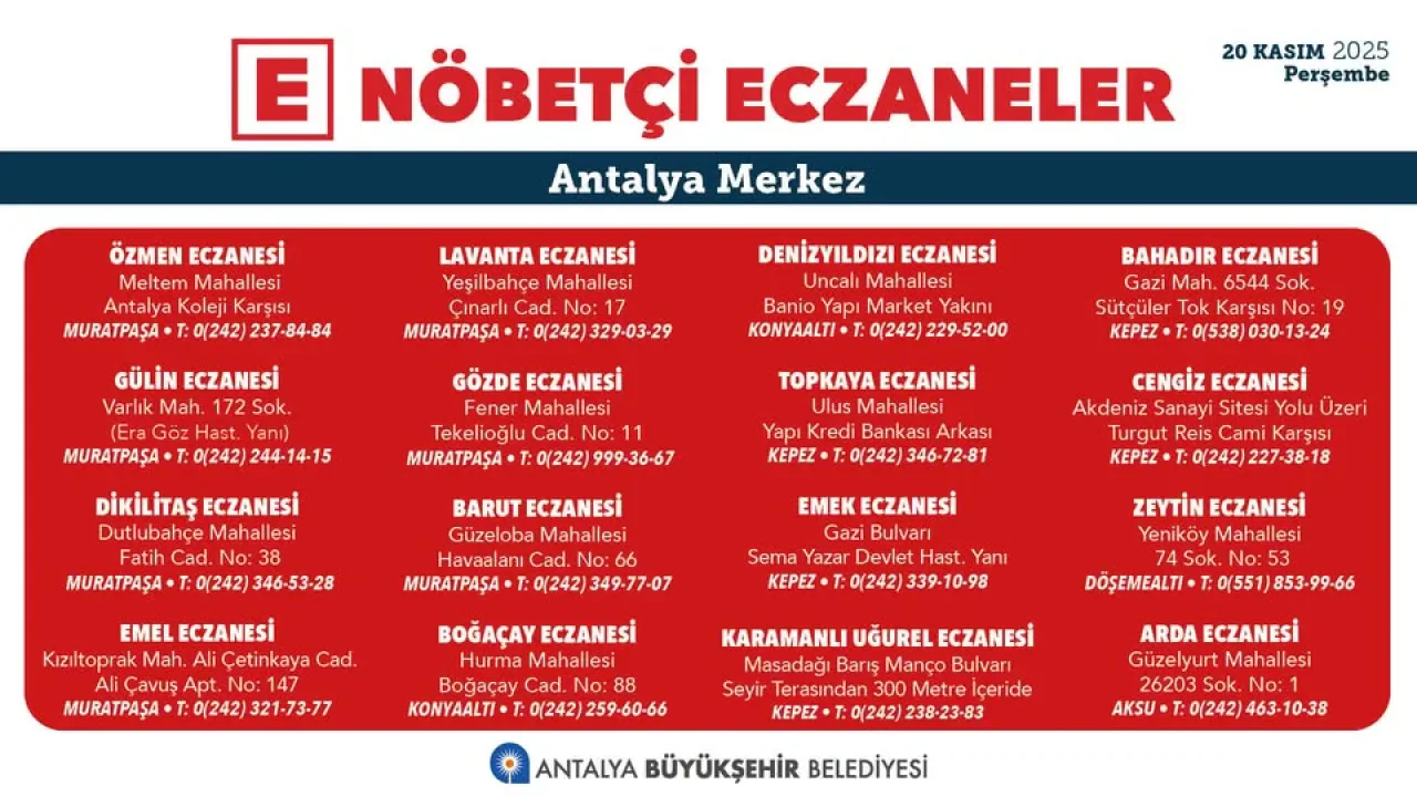 Antalya'da 20 Kasım 2025 Nöbetçi Eczane Bilgisi Antalya'da 20 Kasım 2025 Nöbetçi Eczane Bilgisi