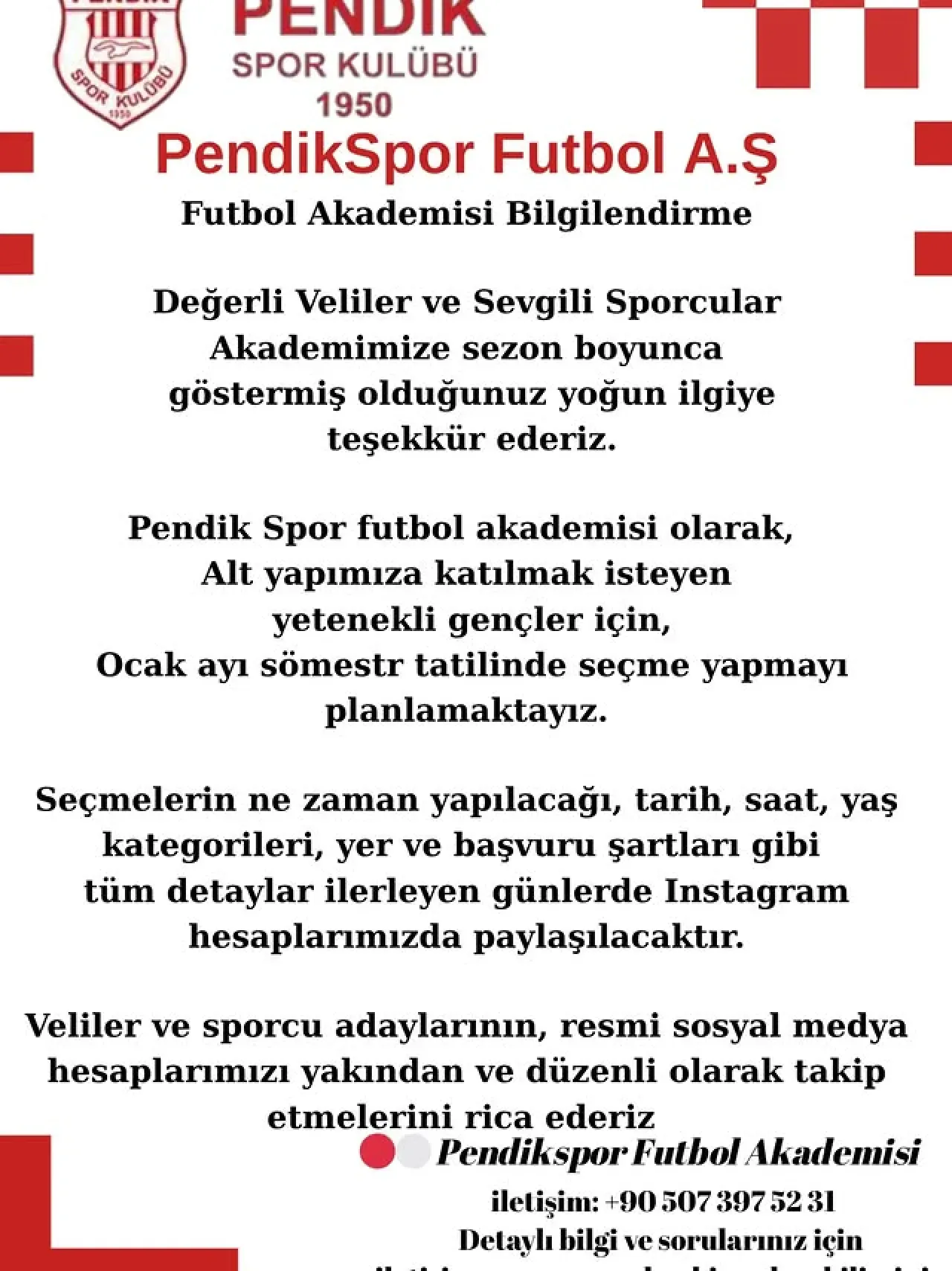 Pendikspor, Futbol Akademisi İçin Yeni Yeteneklerini Arıyor Pendikspor, Futbol Akademisi İçin Yeni Yeteneklerini Arıyor