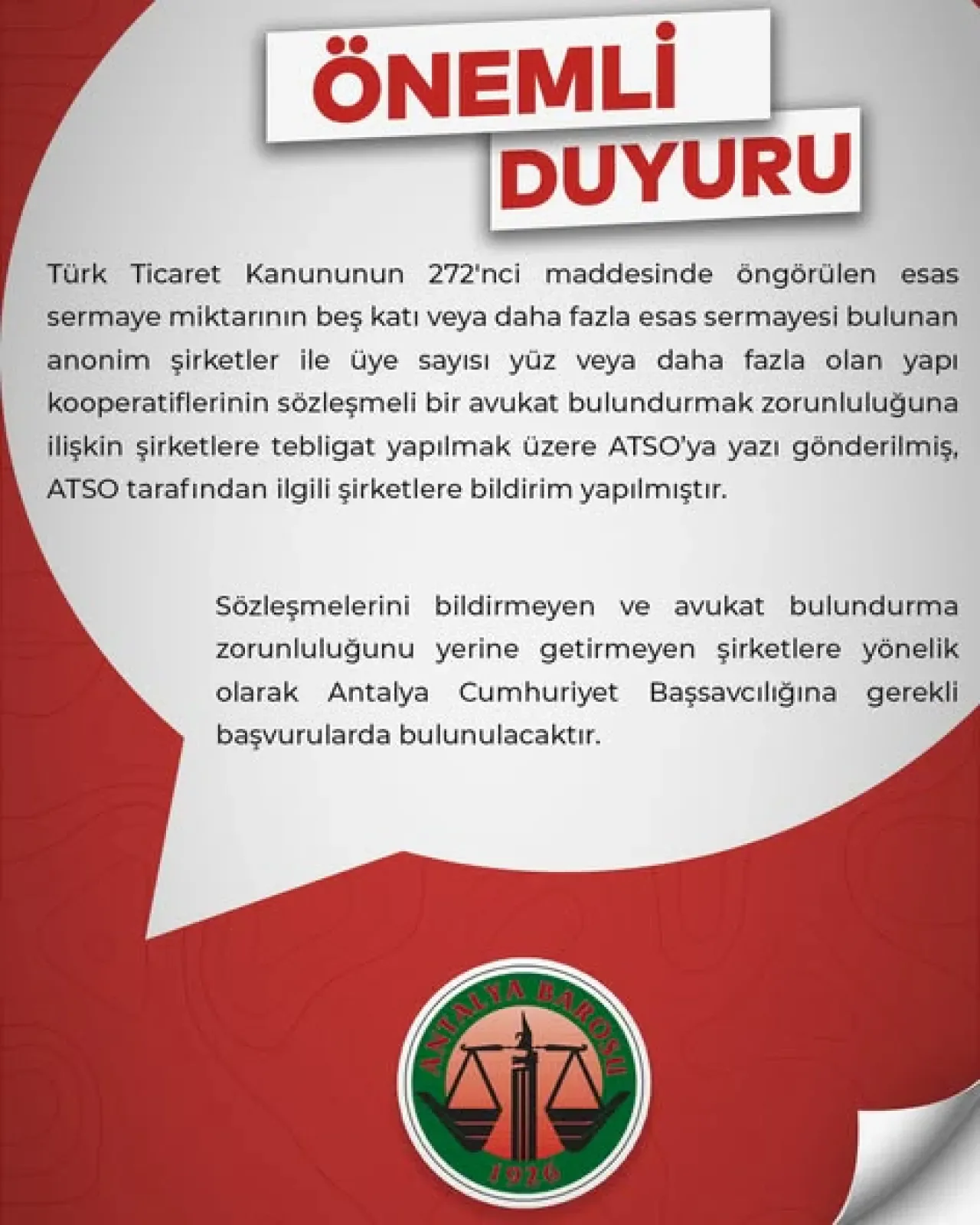 Antalya'da Büyük Şirket ve Kooperatiflere Avukat Bulundurma Zorunluluğu Antalya'da Büyük Şirket ve Kooperatiflere Avukat Bulundurma Zorunluluğu