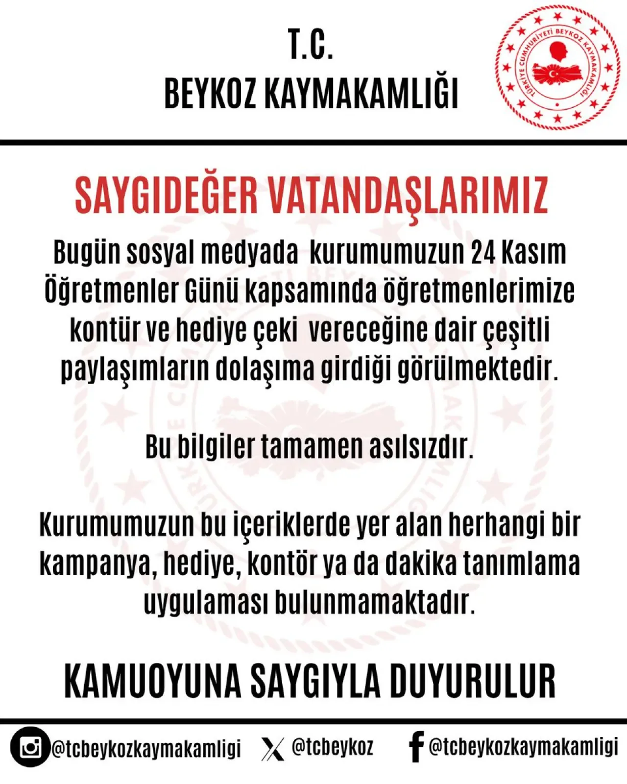 Beykoz Kaymakamlığı'ndan Öğretmenler Günü İle İlgili Sahte Haber Uyarısı Beykoz Kaymakamlığı'ndan Öğretmenler Günü İle İlgili Sahte Haber Uyarısı