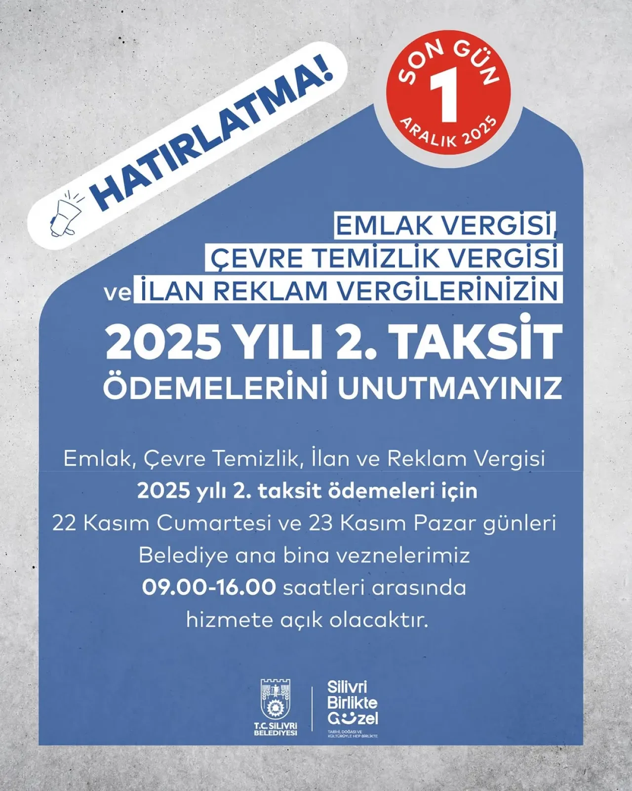Silivri'de Emlak ve Çevre Vergisi İkinci Taksit Ödemeleri Başlıyor Silivri'de Emlak ve Çevre Vergisi İkinci Taksit Ödemeleri Başlıyor