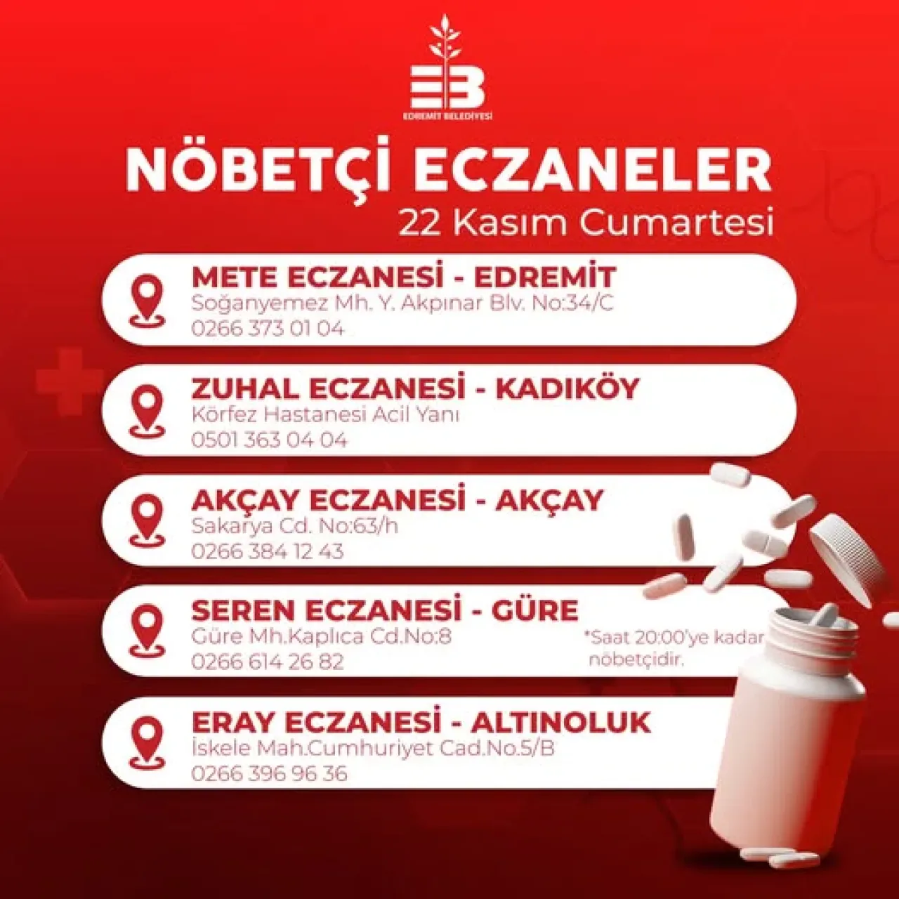 Edremit Belediyesi'nden Vatandaşlara Nöbetçi Eczane Hizmeti Edremit Belediyesi'nden Vatandaşlara Nöbetçi Eczane Hizmeti