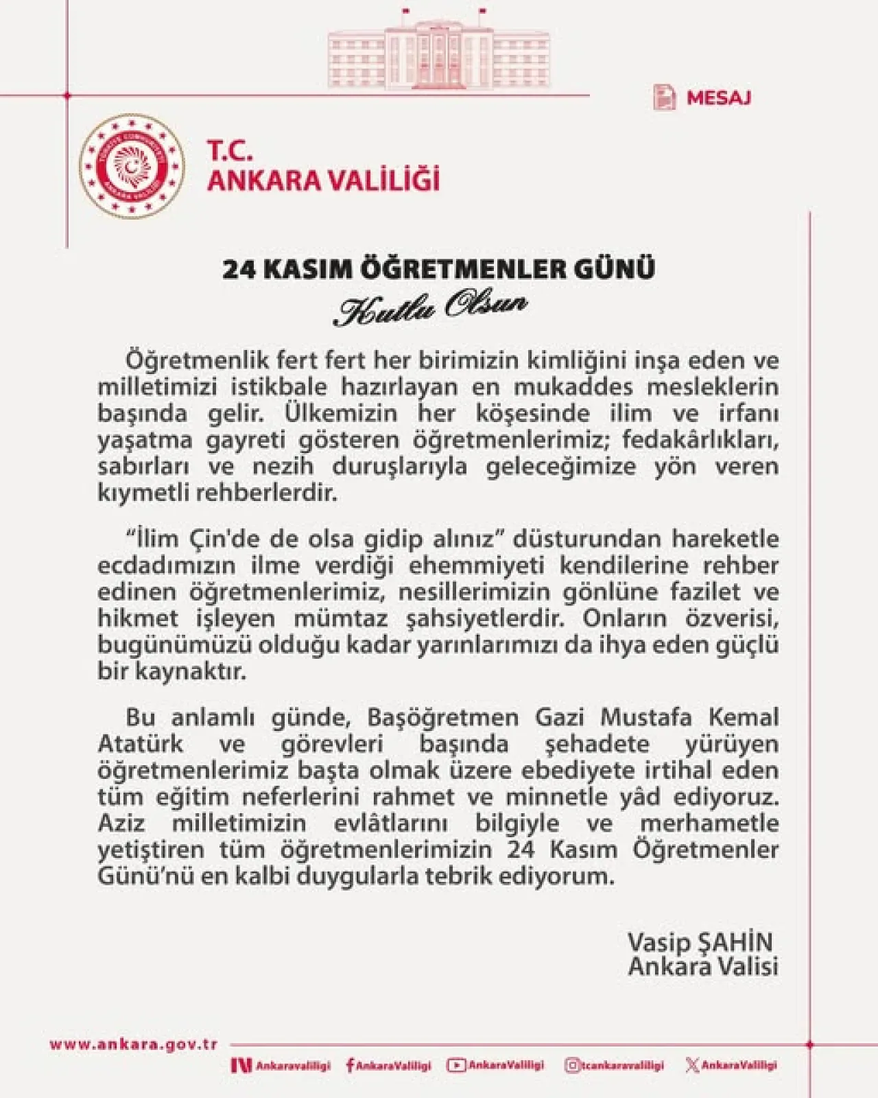 Ankara Valisi Vasip Şahin'den 24 Kasım Öğretmenler Günü Mesajı Ankara Valisi Vasip Şahin'den 24 Kasım Öğretmenler Günü Mesajı