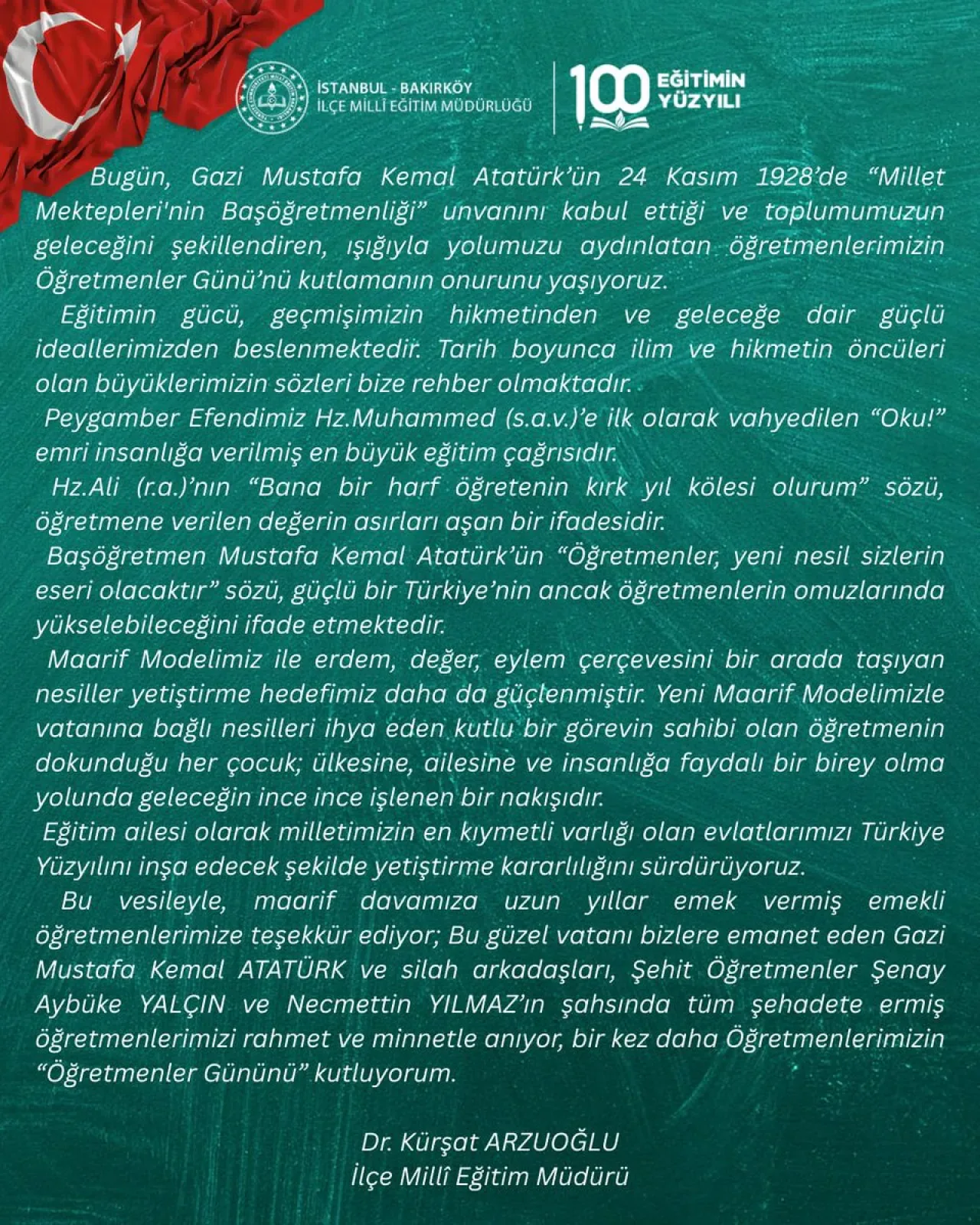 Bakırköy İlçe Milli Eğitim Müdürü Dr. Öğretmenler Günü Mesajı Yayımladı Bakırköy İlçe Milli Eğitim Müdürü Dr. Öğretmenler Günü Mesajı Yayımladı