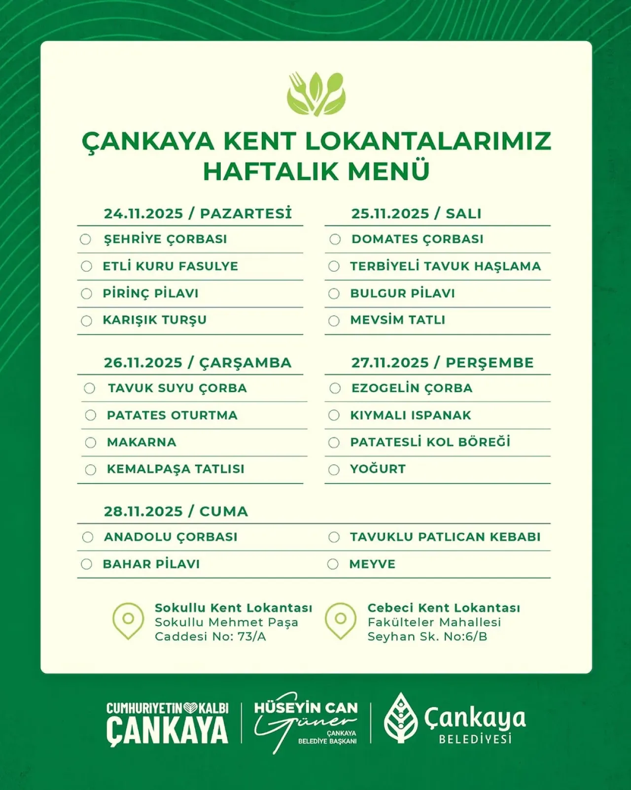 Çankaya Belediyesi Kent Lokantalarında Haftanın Yemek Menüsü Açıklandı Çankaya Belediyesi Kent Lokantalarında Haftanın Yemek Menüsü Açıklandı