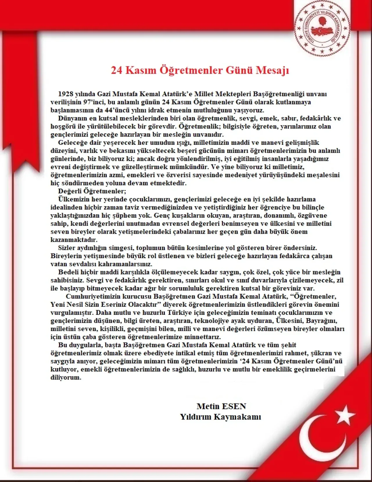Bursa Yıldırım Kaymakamı Metin Esen'den 24 Kasım Öğretmenler Günü Mesajı Bursa Yıldırım Kaymakamı Metin Esen'den 24 Kasım Öğretmenler Günü Mesajı