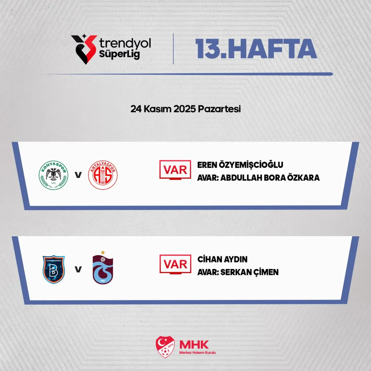 Süper Lig'de Bugünkü Maçların VAR ve AVAR Hakemleri Açıklandı Süper Lig'de Bugünkü Maçların VAR ve AVAR Hakemleri Açıklandı