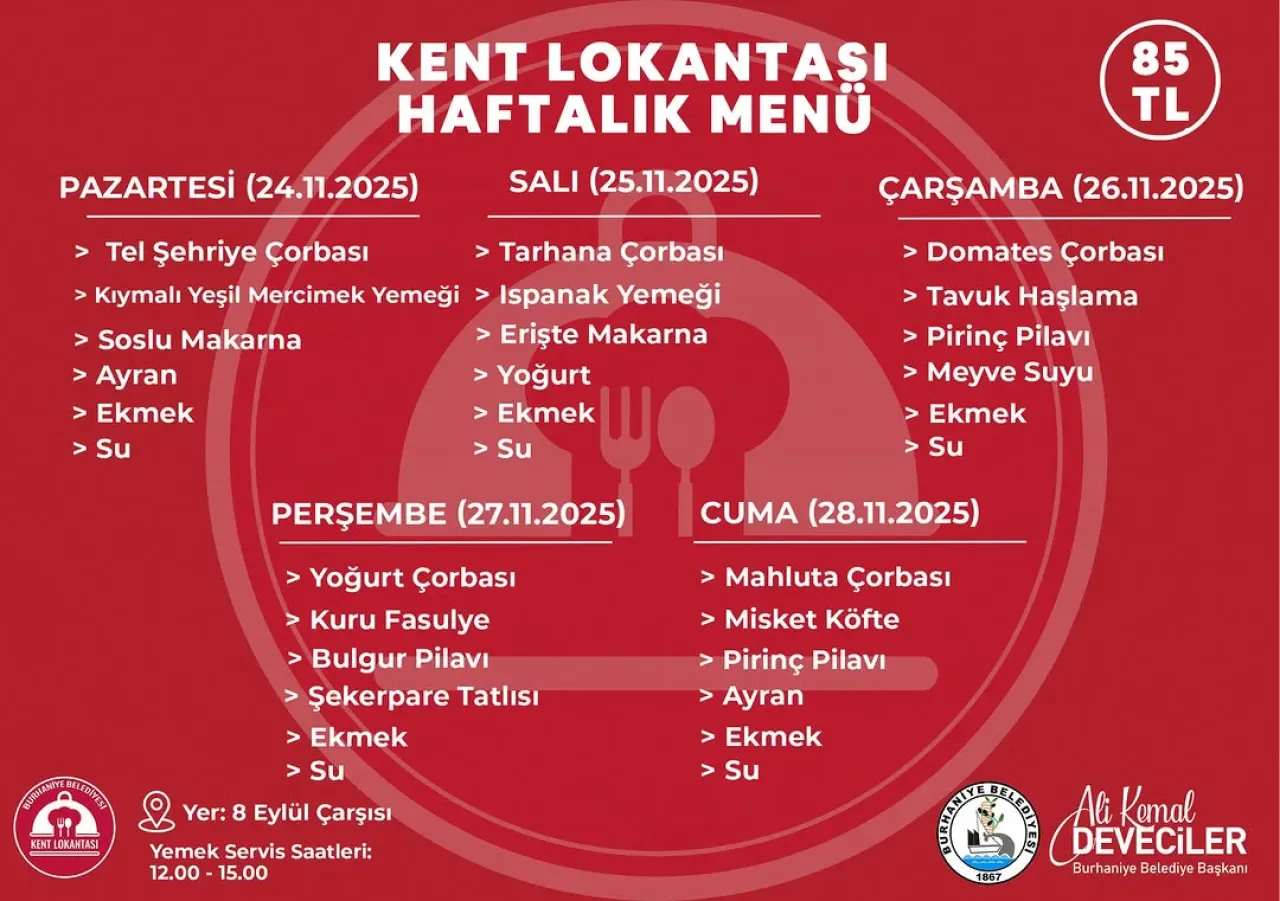 Burhaniye Belediyesi Kent Lokantası 24-28 Kasım Haftalık Yemek Menüsü Açıklandı Burhaniye Belediyesi Kent Lokantası 24-28 Kasım Haftalık Yemek Menüsü Açıklandı