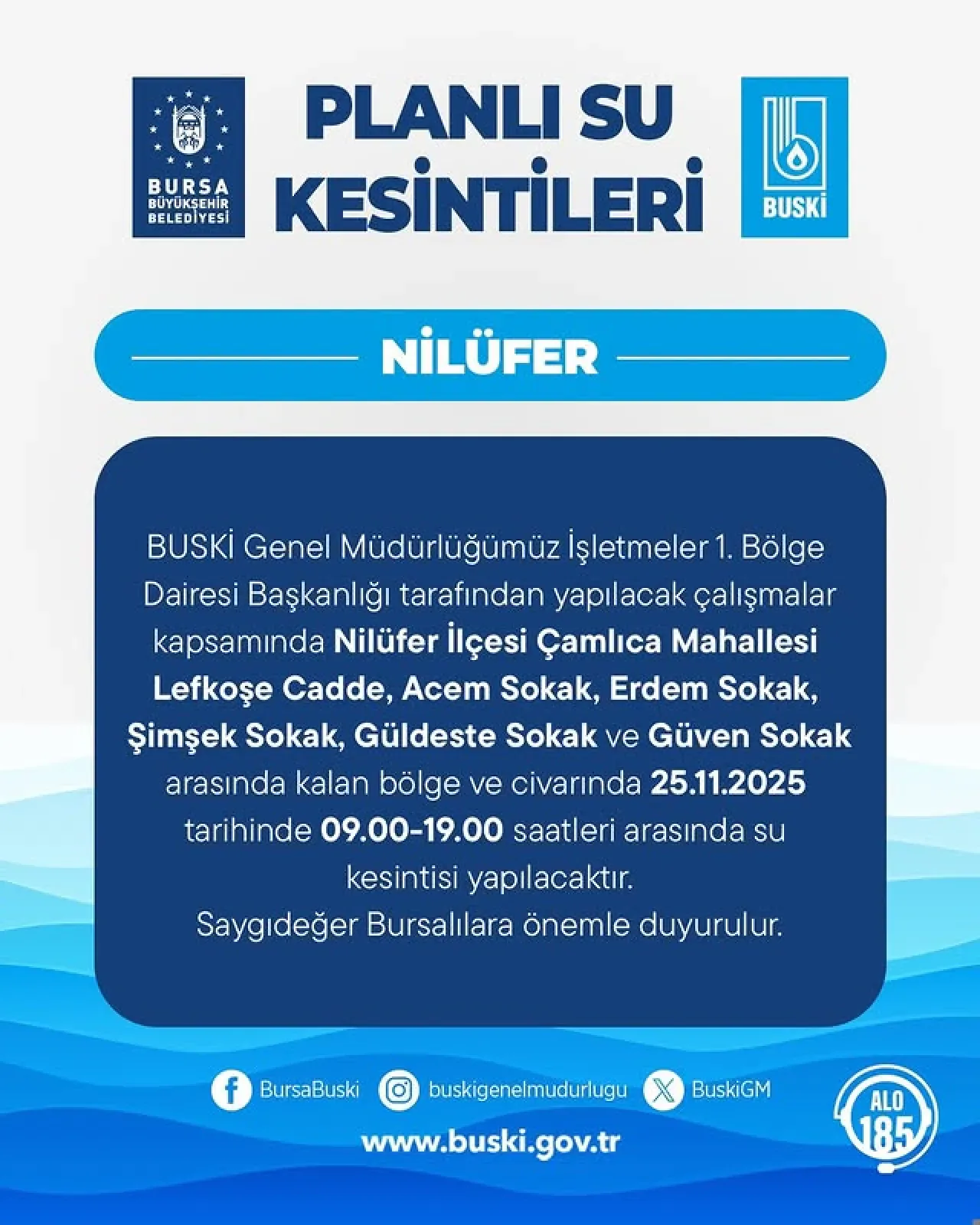 Bursa'nın Belirli Bölgelerinde 25 Kasım'da Planlı Su Kesintisi Bursa'nın Belirli Bölgelerinde 25 Kasım'da Planlı Su Kesintisi