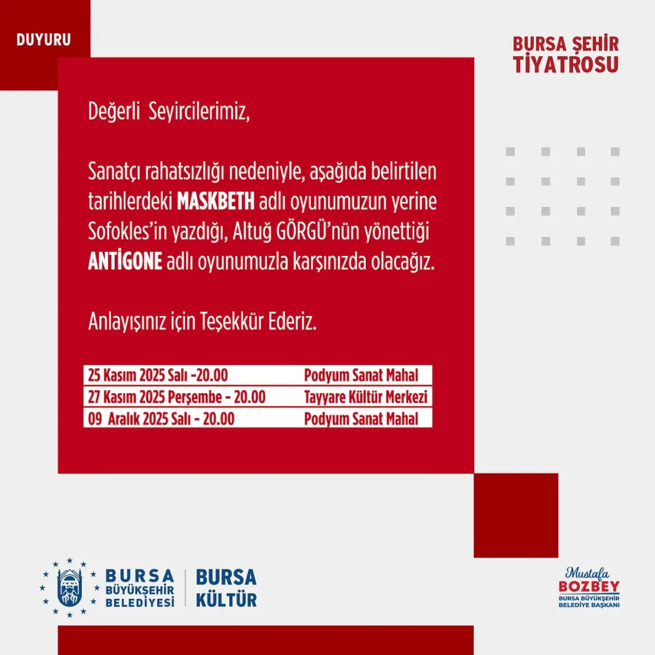 Bursa'da Maskbeth Yerine Antigone Sahnelenecek Bursa'da Maskbeth Yerine Antigone Sahnelenecek