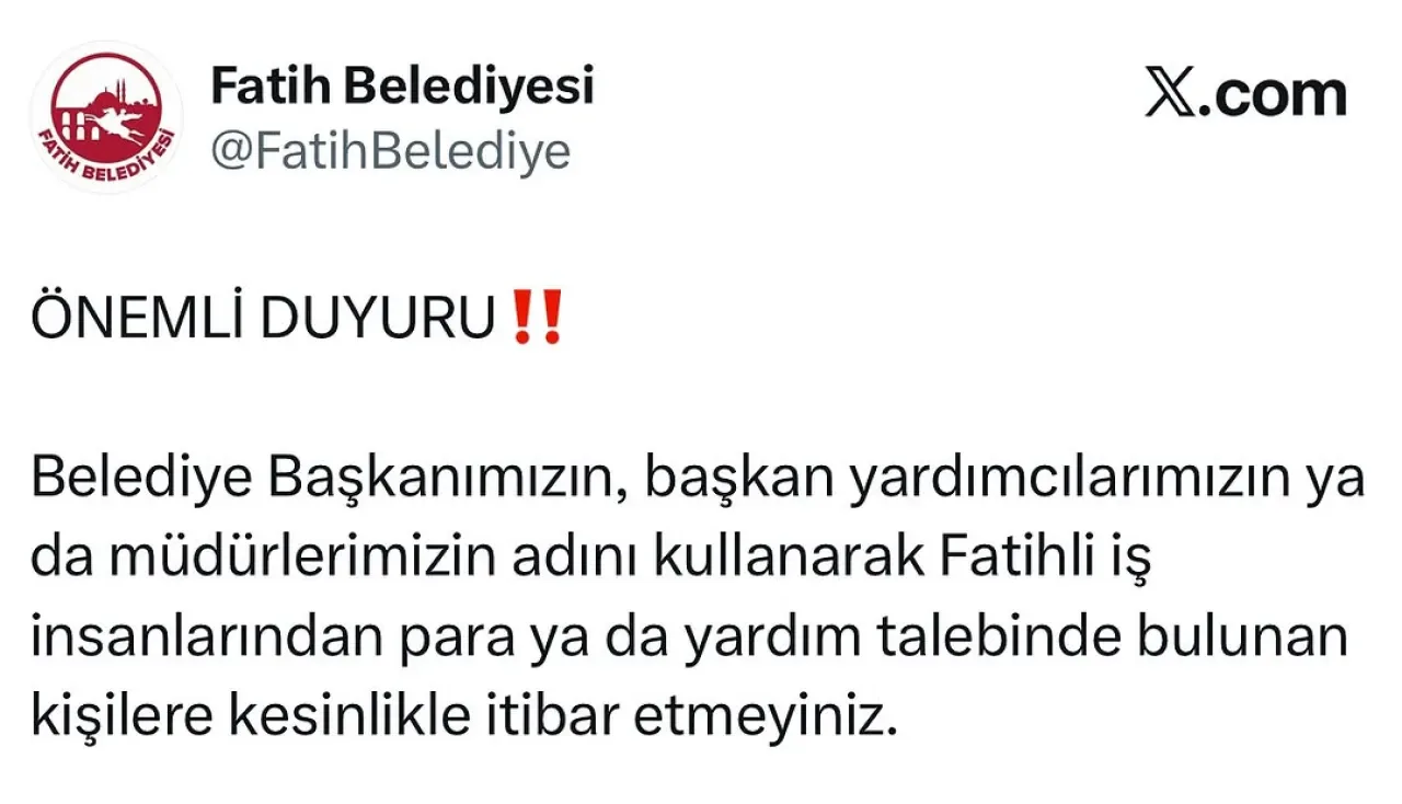 Fatih Belediyesi'nden Vatandaşları Dolandırıcılara Karşı Uyarı Fatih Belediyesi'nden Vatandaşları Dolandırıcılara Karşı Uyarı