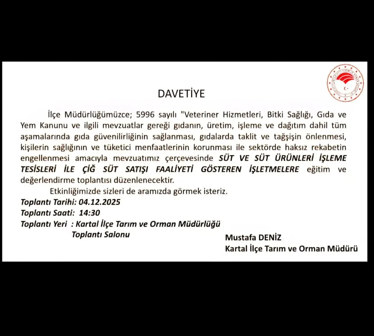 Kartal'da Süt ve Süt Ürünleri İşletmelerine Yönelik Eğitim Toplantısı Düzenlenecek Kartal'da Süt ve Süt Ürünleri İşletmelerine Yönelik Eğitim Toplantısı Düzenlenecek