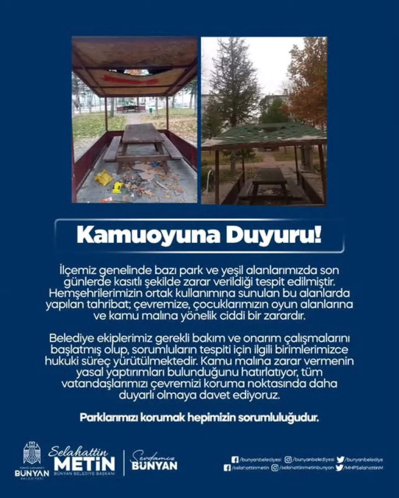 Bünyan Belediyesi, Park ve Yeşil Alanlara Kasıtlı Tahribat Yapıldığını Duyurdu Bünyan Belediyesi, Park ve Yeşil Alanlara Kasıtlı Tahribat Yapıldığını Duyurdu