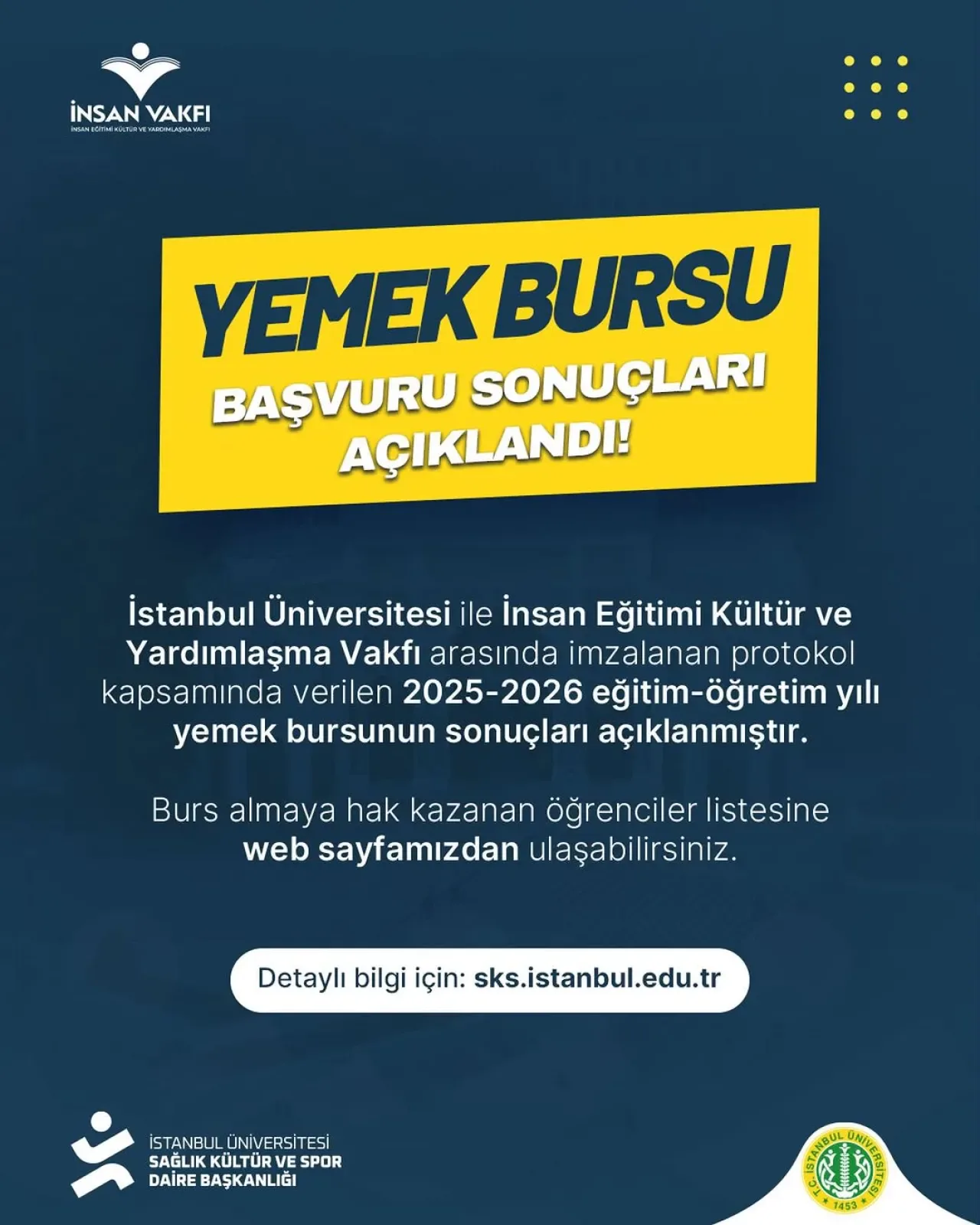 İstanbul Üniversitesi'nde 2025-2026 Yemek Bursu Sonuçları Açıklandı İstanbul Üniversitesi'nde 2025-2026 Yemek Bursu Sonuçları Açıklandı