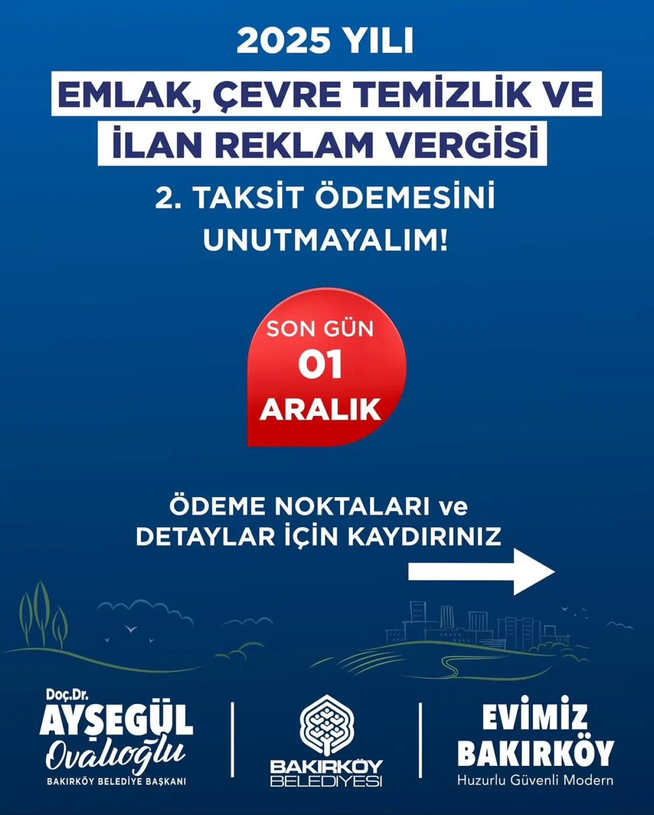 Bakırköy'de Emlak ve Çevre Temizlik Vergisi İkinci Taksit Ödemeleri İçin Son Tarih 1 Aralık Bakırköy'de Emlak ve Çevre Temizlik Vergisi İkinci Taksit Ödemeleri İçin Son Tarih 1 Aralık