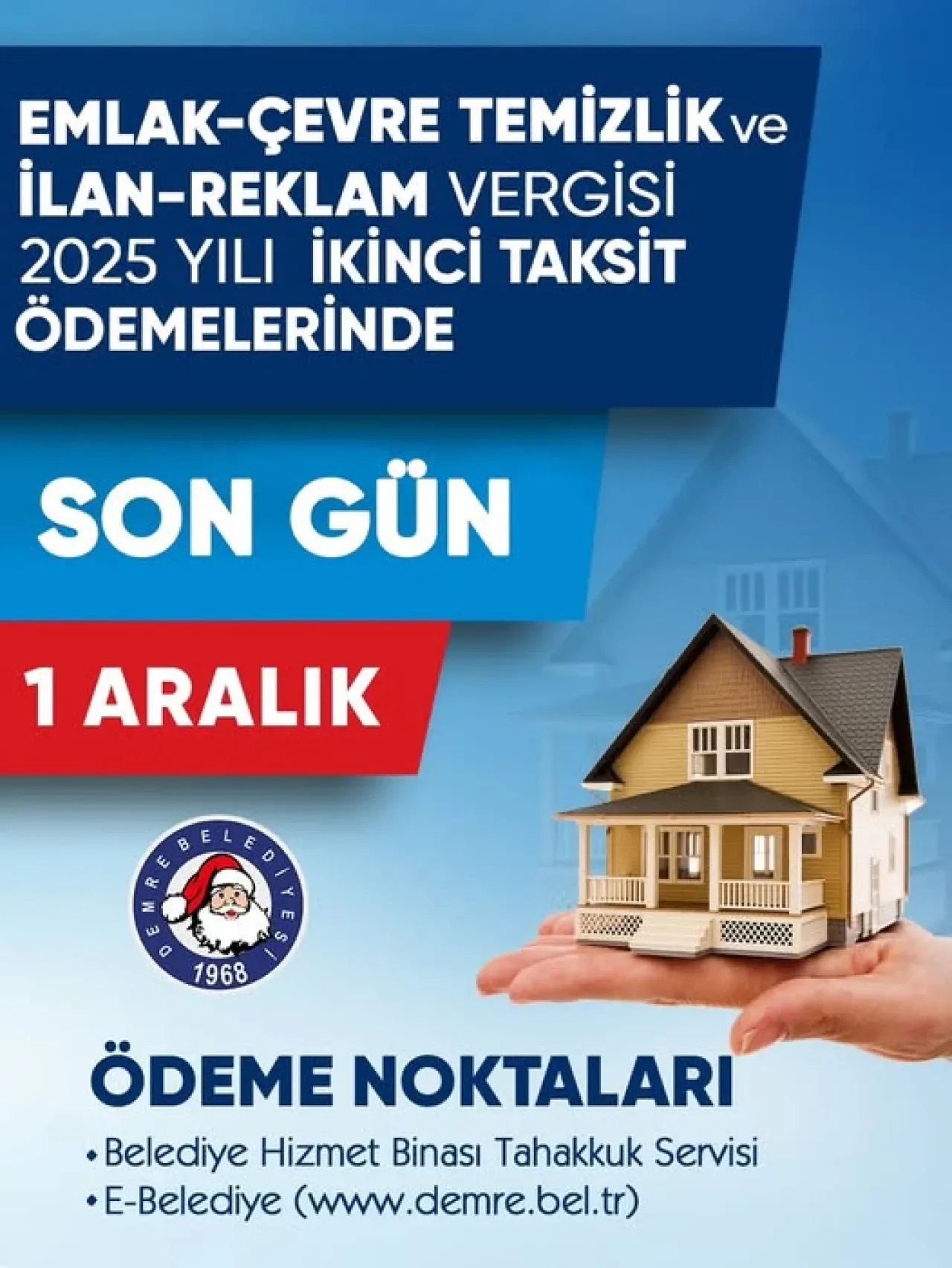 Demre'de Emlak, Çevre Temizlik ve İlan Reklam Vergisi İkinci Taksit Ödemeleri İçin Son Tarih 1 Aralık Demre'de Emlak, Çevre Temizlik ve İlan Reklam Vergisi İkinci Taksit Ödemeleri İçin Son Tarih 1 Aralık