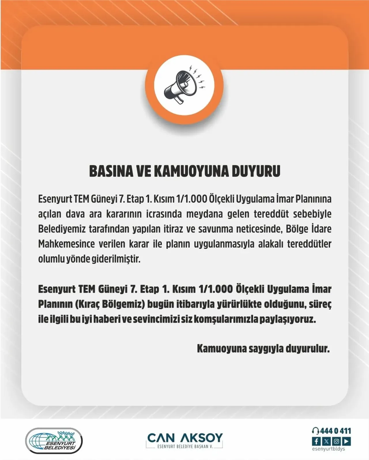 Esenyurt Belediyesi Kamuoyuna Duyuru Yayınladı Esenyurt Belediyesi Kamuoyuna Duyuru Yayınladı