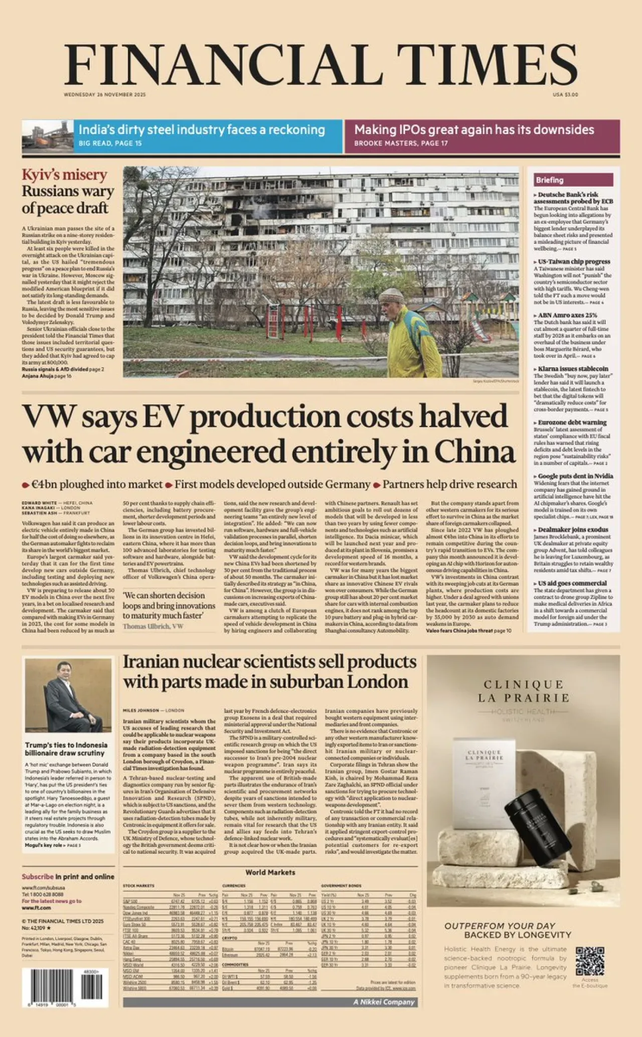 Financial Times, 26 Kasım Çarşamba Günü Uluslararası Baskısının Ön Sayfasını Yayınladı Financial Times, 26 Kasım Çarşamba Günü Uluslararası Baskısının Ön Sayfasını Yayınladı