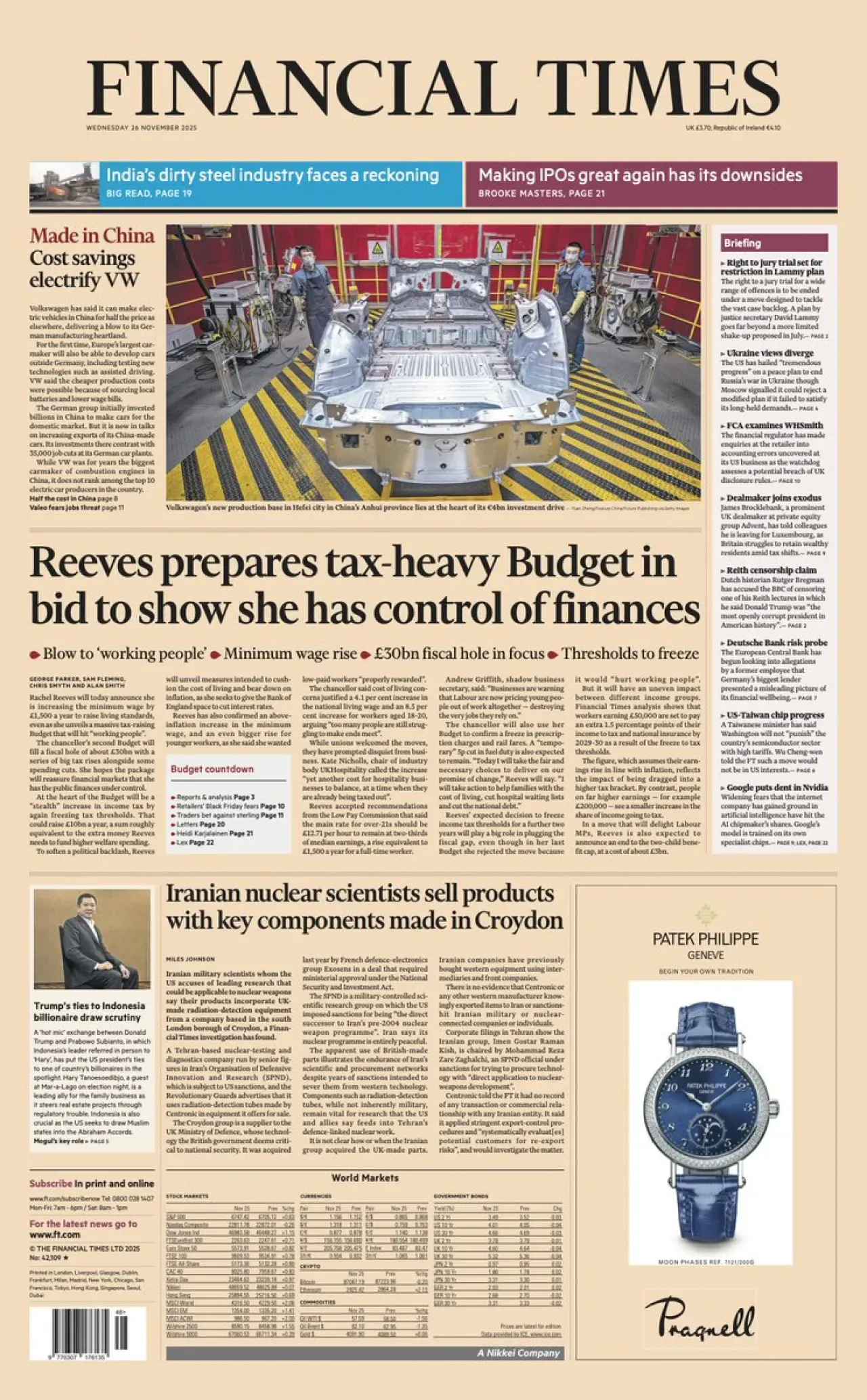 Financial Times, 26 Kasım Çarşamba Günü İngiltere Baskısının Ön Sayfasını Yayımladı Financial Times, 26 Kasım Çarşamba Günü İngiltere Baskısının Ön Sayfasını Yayımladı