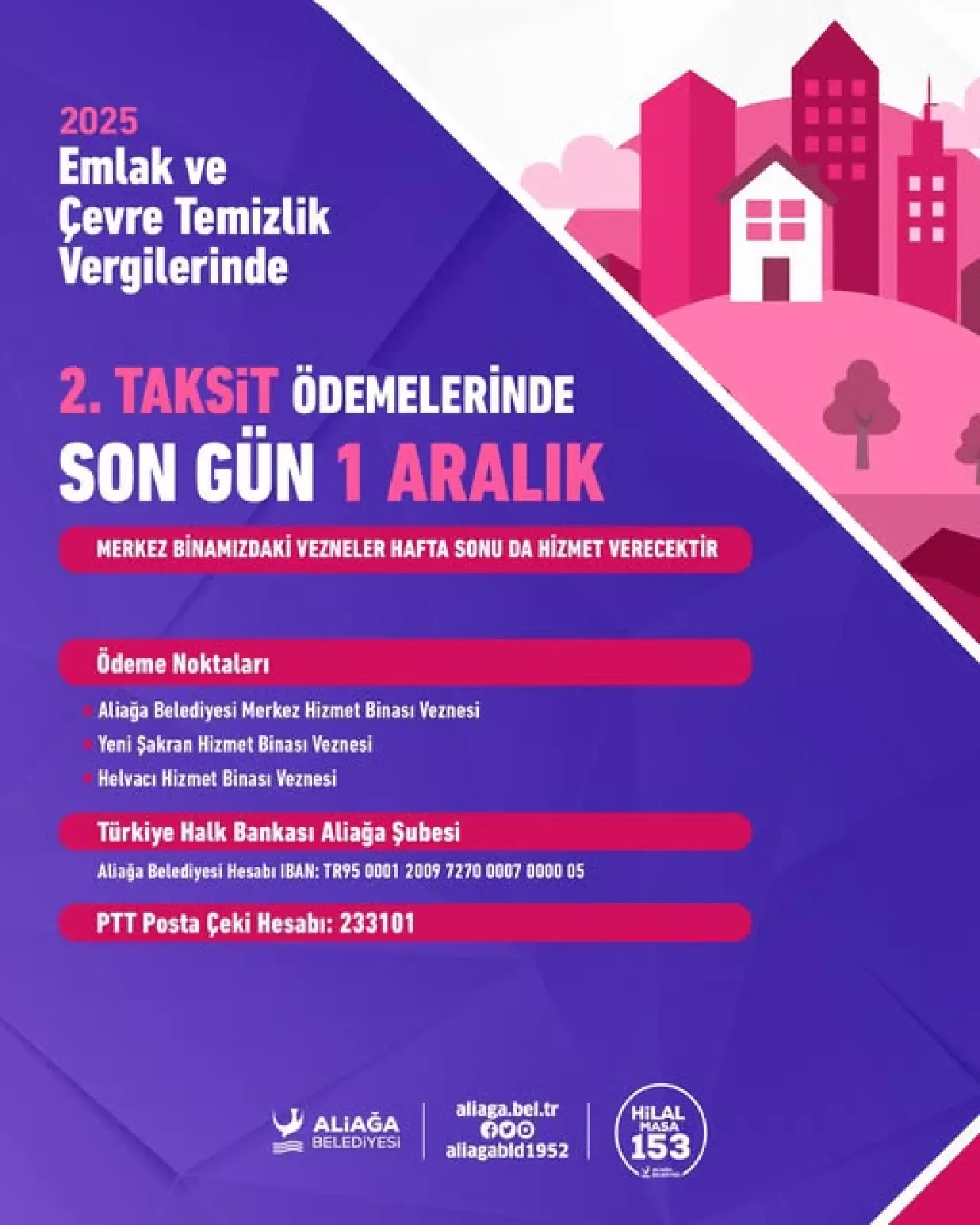 Aliağa'da Emlak ve Çevre Temizlik Vergisi 2. Taksit Ödemeleri İçin Son Tarih 1 Aralık Aliağa'da Emlak ve Çevre Temizlik Vergisi 2. Taksit Ödemeleri İçin Son Tarih 1 Aralık