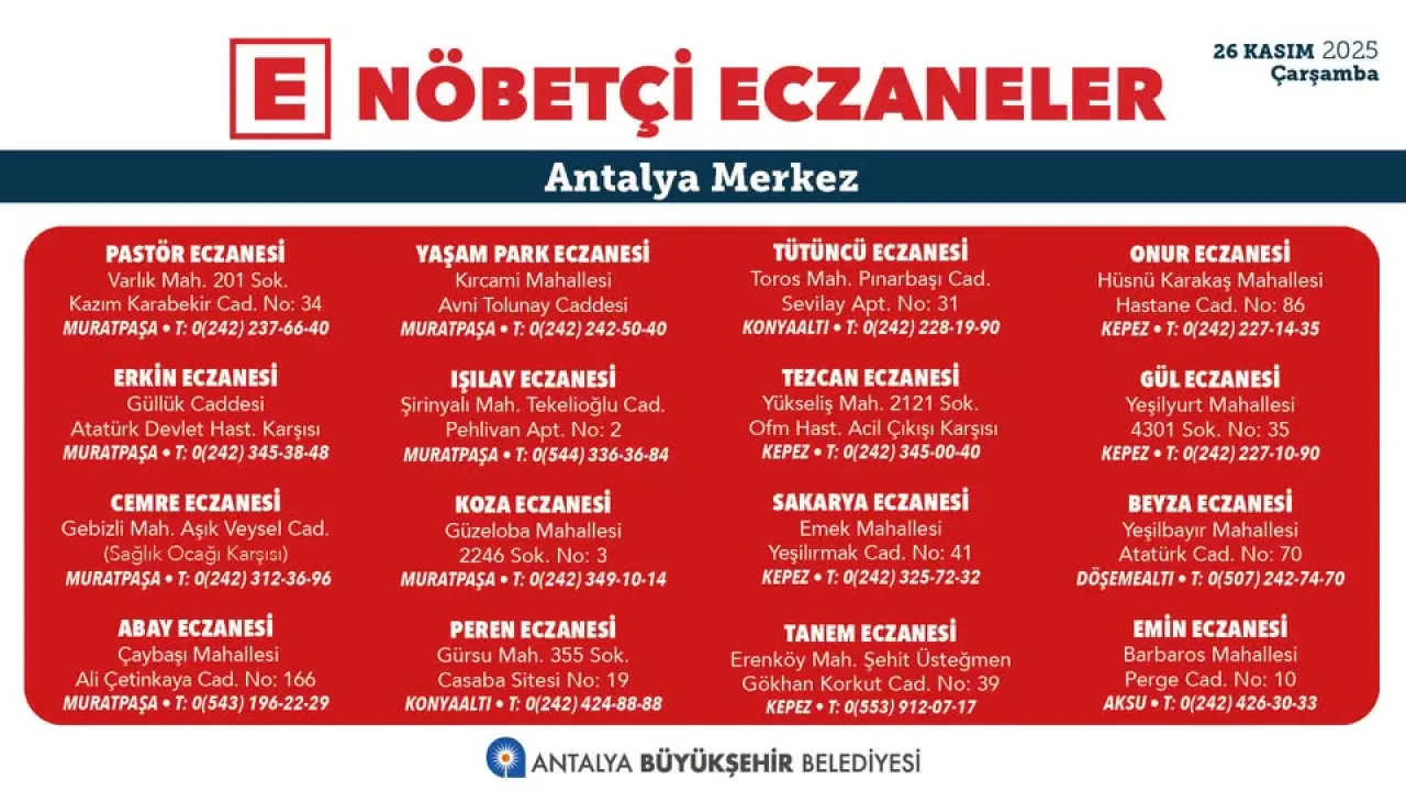 Antalya'da Nöbetçi Eczaneler 26 Kasım 2025 Çarşamba Günü Antalya'da Nöbetçi Eczaneler 26 Kasım 2025 Çarşamba Günü