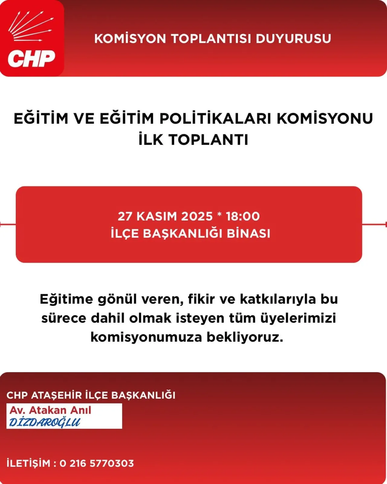 CHP Ataşehir'de Eğitim Politikaları Komisyonu İlk Toplantısını Yapacak CHP Ataşehir'de Eğitim Politikaları Komisyonu İlk Toplantısını Yapacak