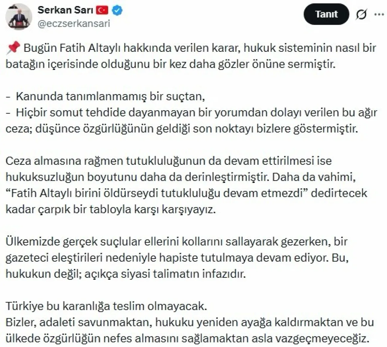 CHP'li Sarı'dan Fatih Altaylı Kararına Sert Tepki: "Hukuk Değil, Siyasi Talimat" CHP'li Sarı'dan Fatih Altaylı Kararına Sert Tepki: "Hukuk Değil, Siyasi Talimat"