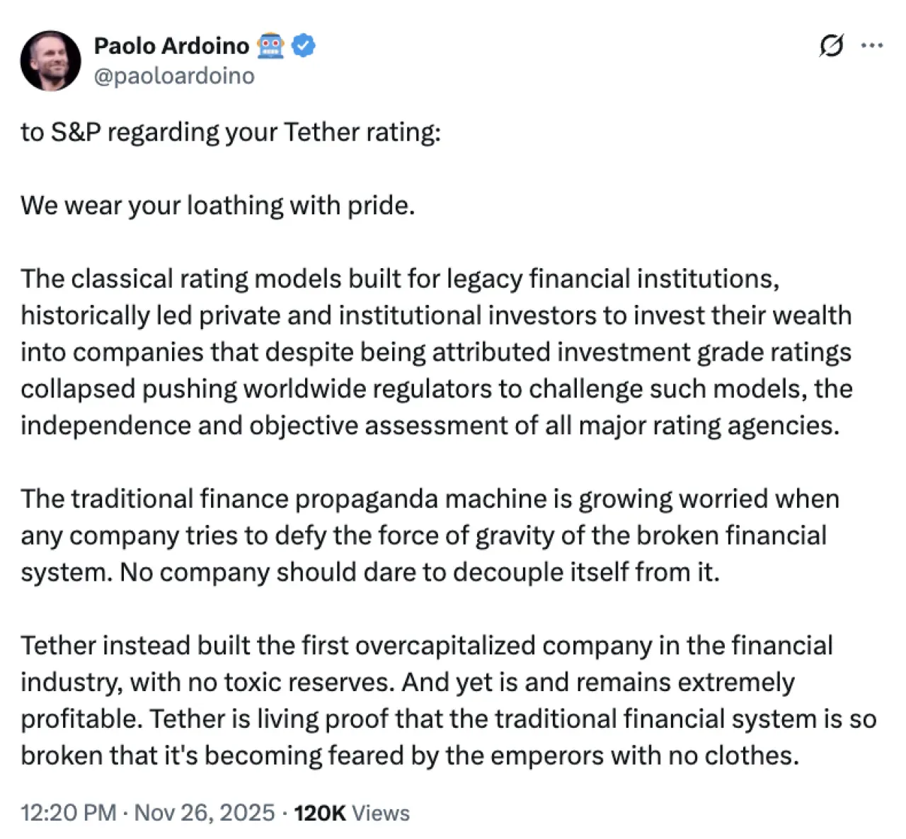 Tether CEO'su Paolo Ardoino, S&P'nin Derecelendirmesine Sert Yanıt Verdi Tether CEO'su Paolo Ardoino, S&P'nin Derecelendirmesine Sert Yanıt Verdi